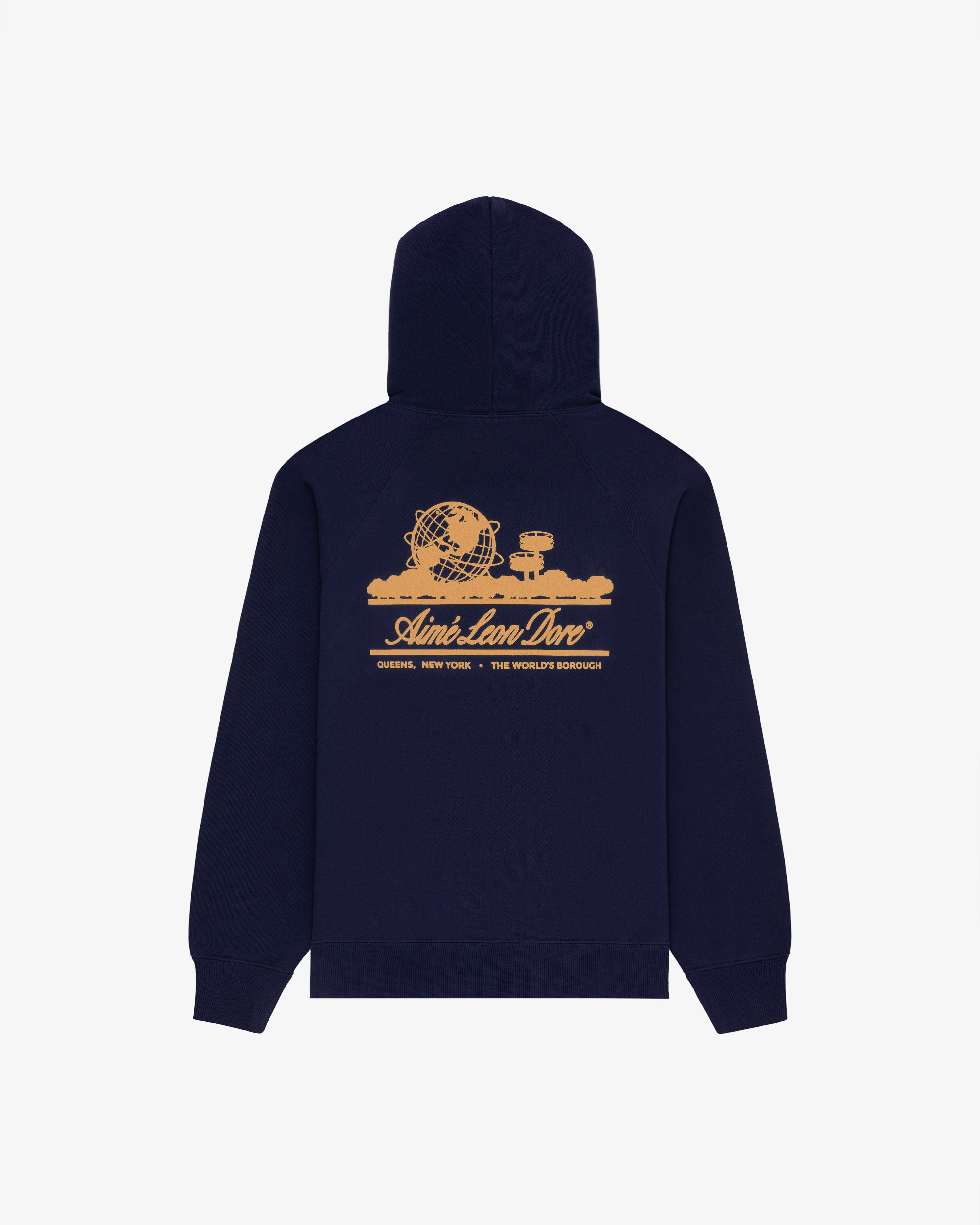 Navy Unisphere Hoodie with yellow graphic and Aimé Leon Dore, Queens, New York, Worlds Borough text on back.