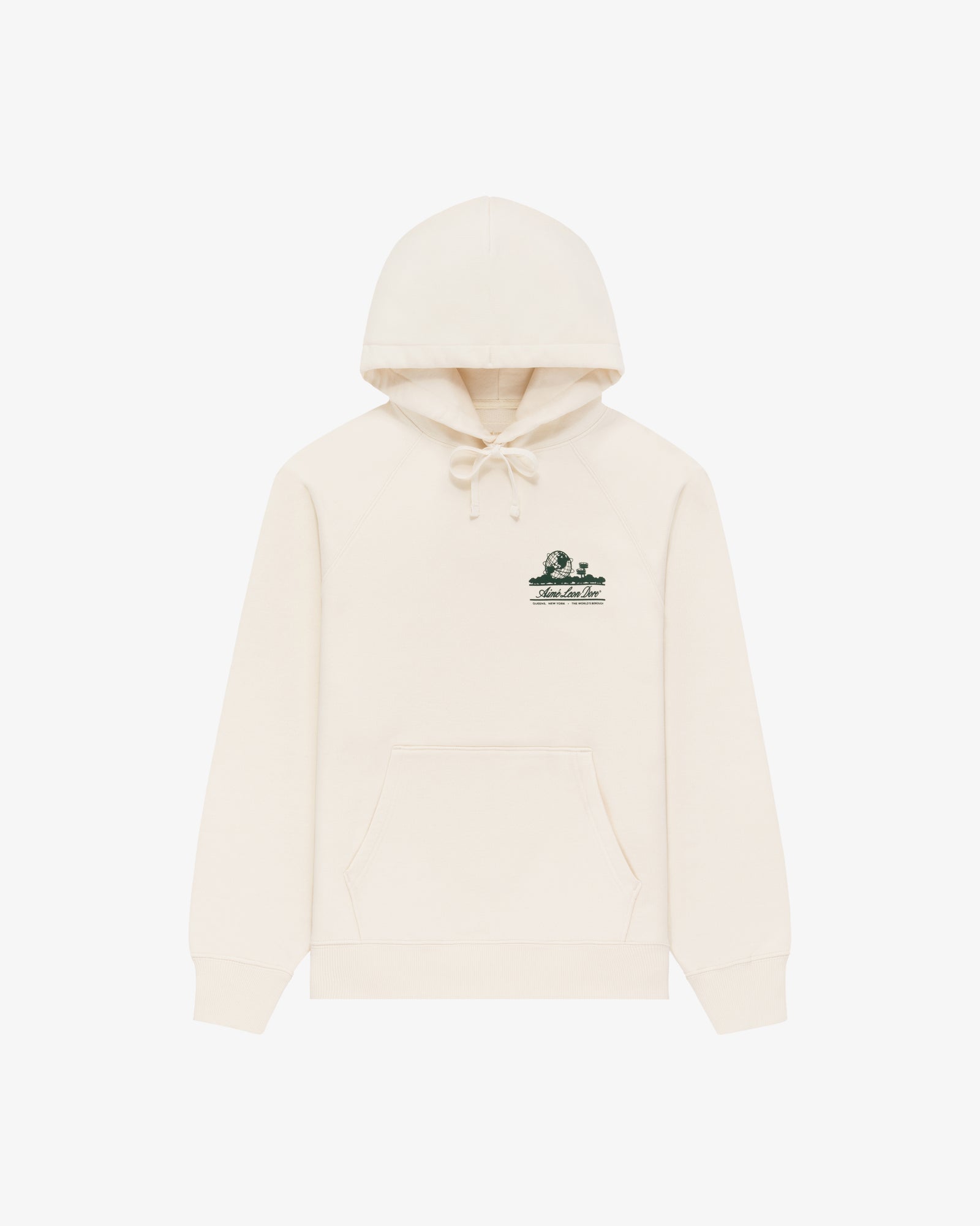 Unisphere Hoodie in beige with front pocket, small green graphic, and text on the left chest.