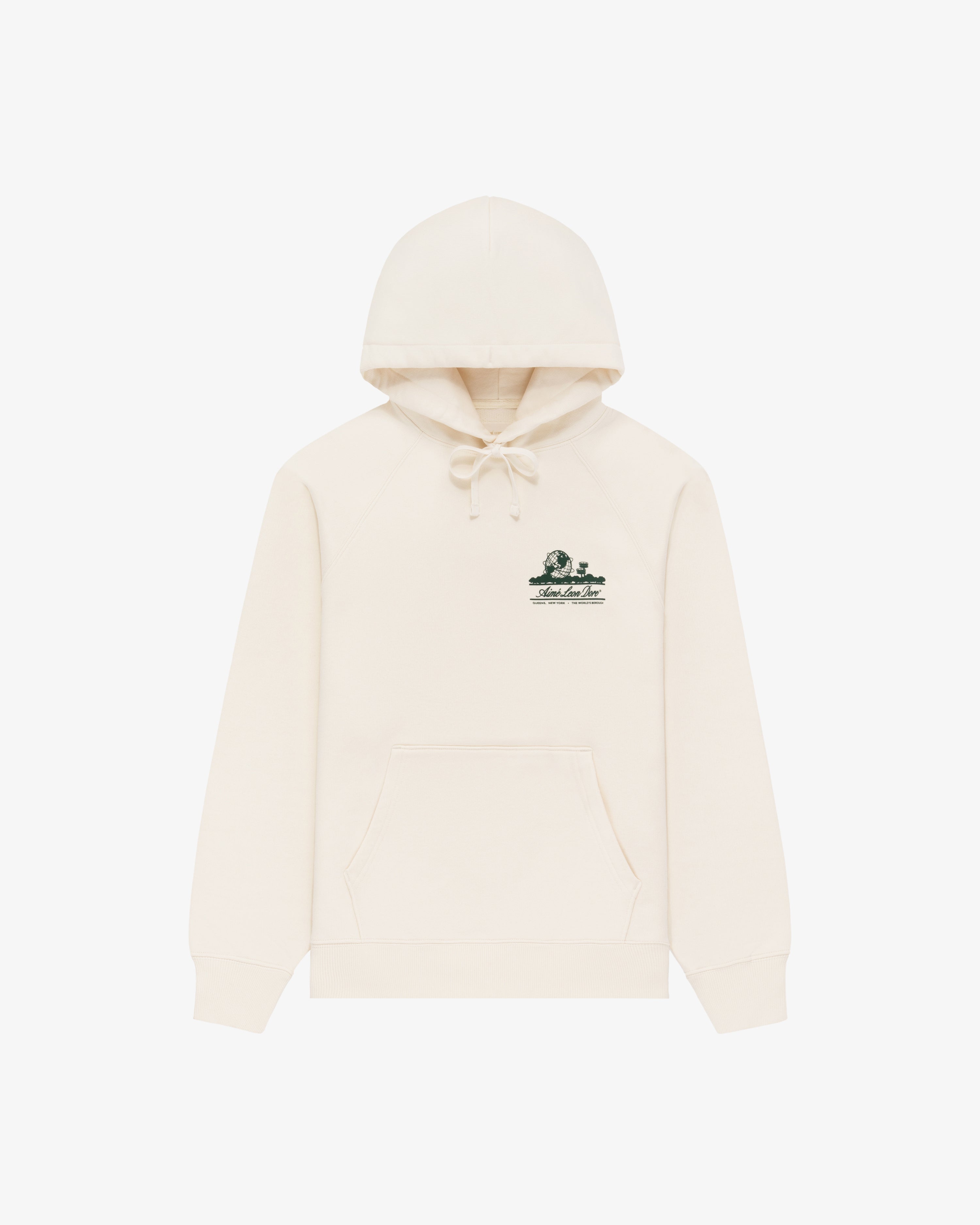 Unisphere Hoodie in beige with front pocket, small green graphic, and text on the left chest.