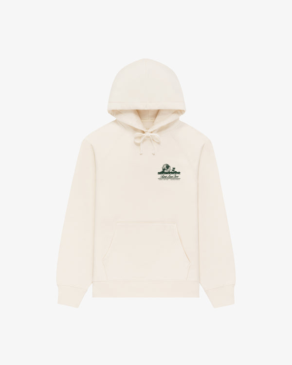Unisphere Hoodie in beige with front pocket, small green graphic, and text on the left chest.