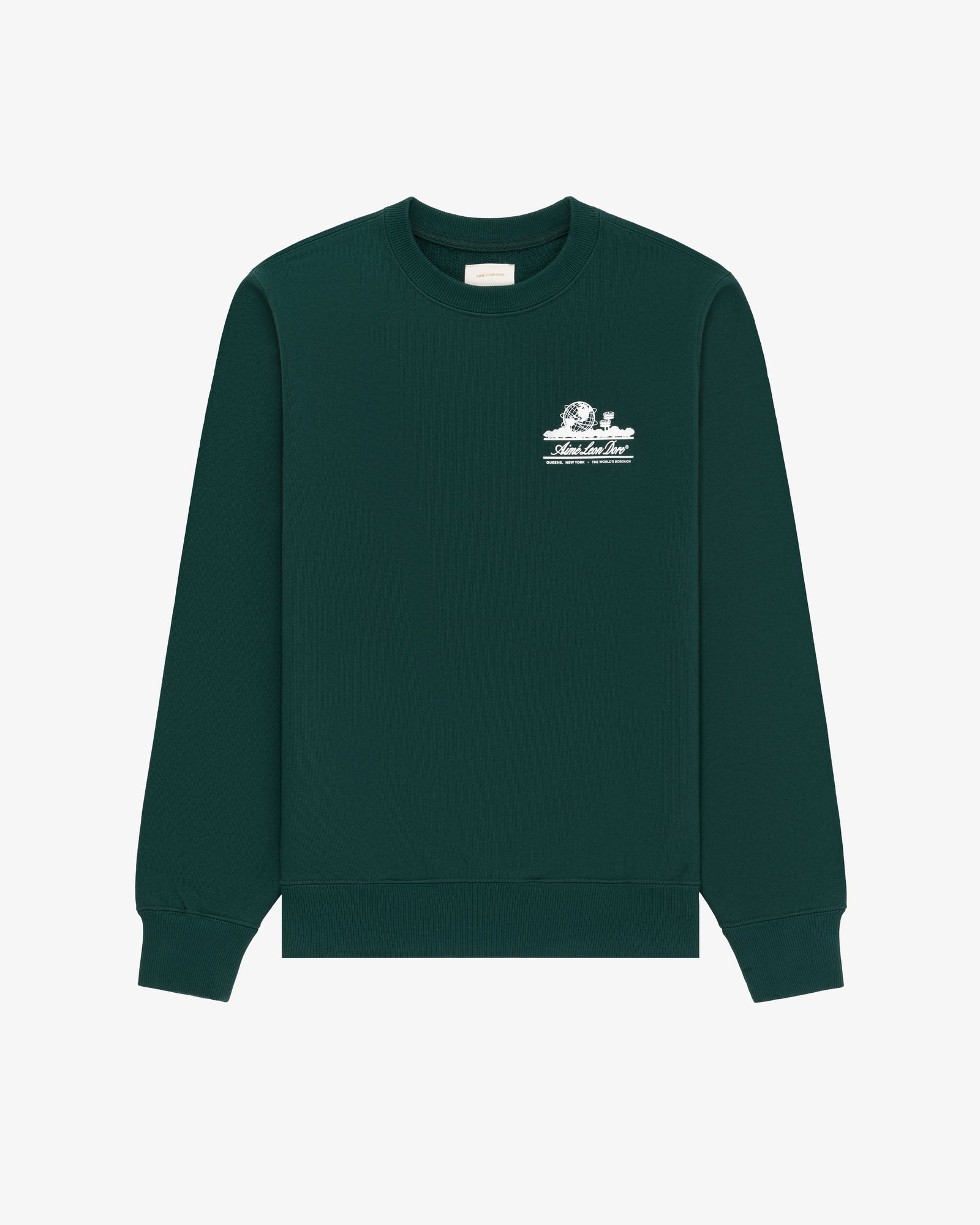 Unisphere Crewneck Sweatshirt in dark green with a small white graphic and text on the left chest, shown on white.