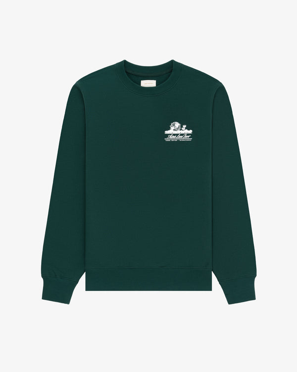 Unisphere Crewneck Sweatshirt in dark green with a small white graphic and text on the left chest, shown on white.