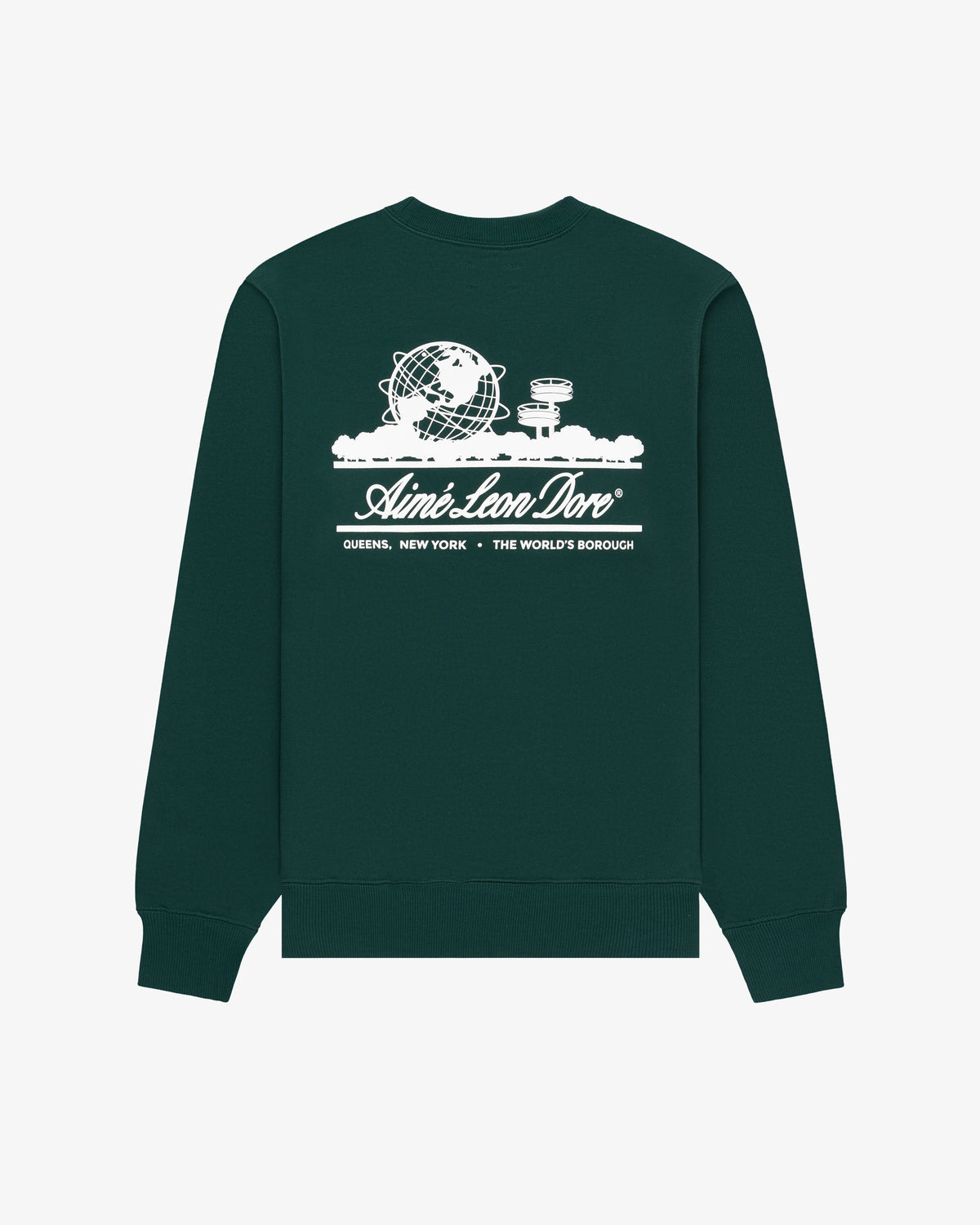 Unisphere Crewneck Sweatshirt in dark green featuring a white globe, observatory, and Aimé Leon Dore text on the back.