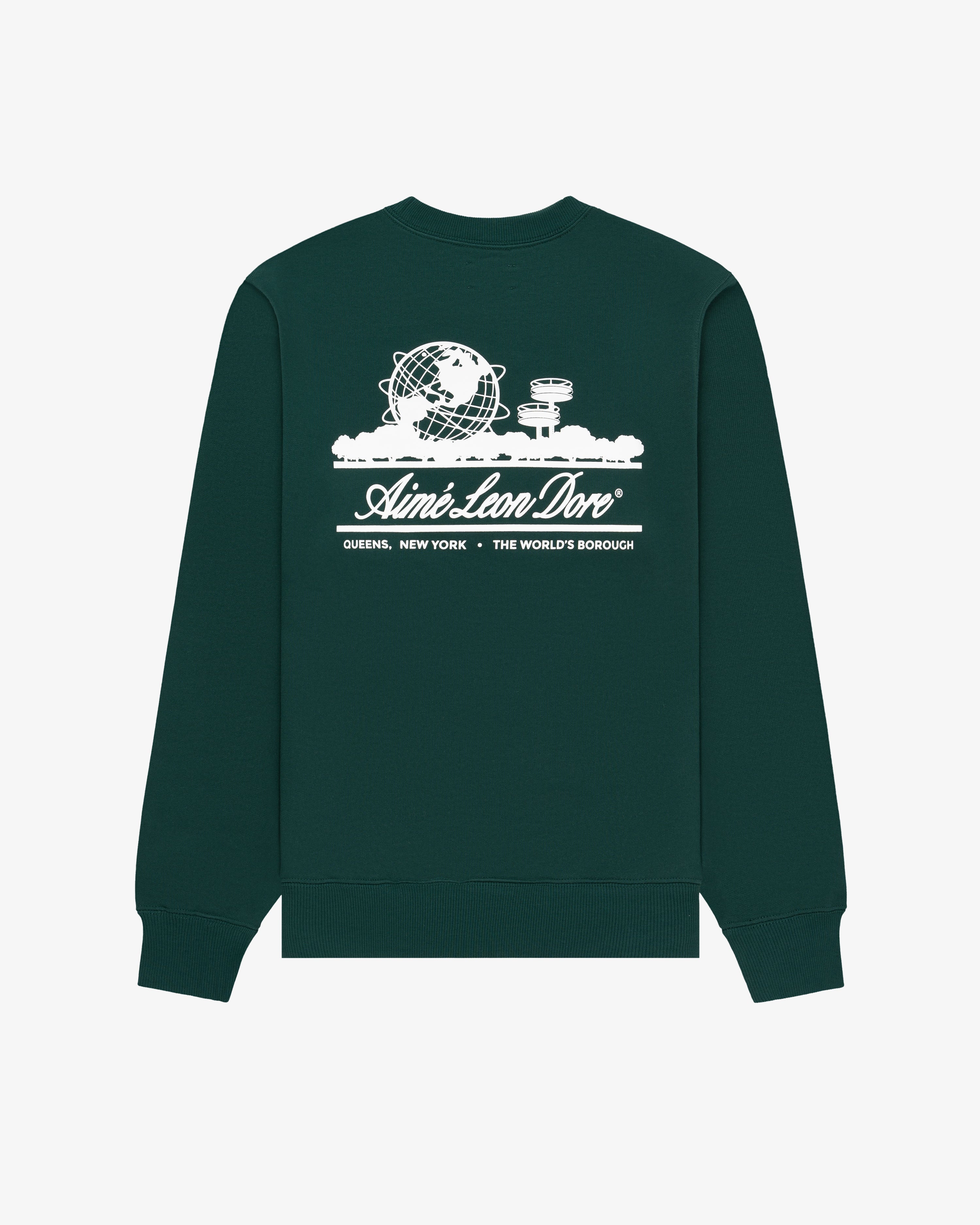 Unisphere Crewneck Sweatshirt in dark green featuring a white globe, observatory, and Aimé Leon Dore text on the back.