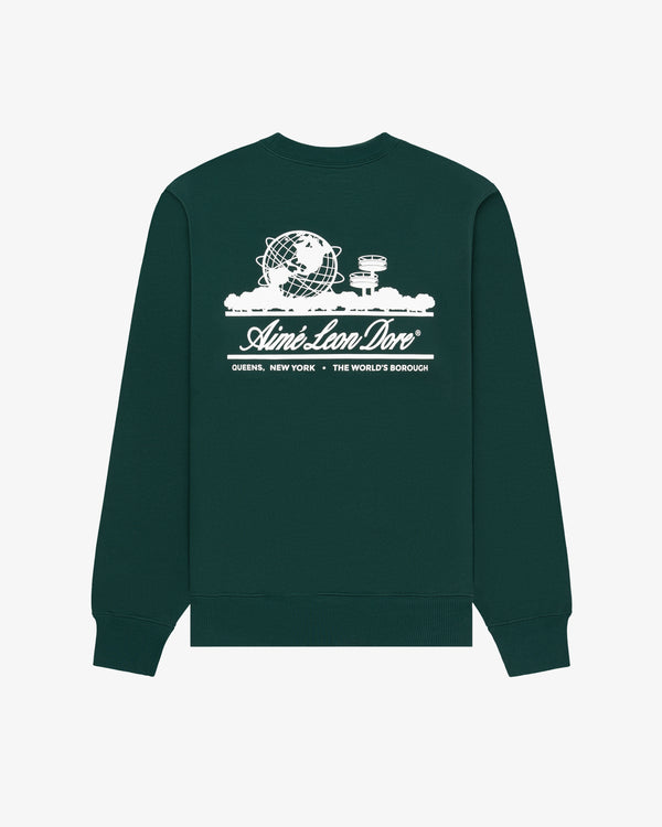 Unisphere Crewneck Sweatshirt in dark green featuring a white globe, observatory, and Aimé Leon Dore text on the back.