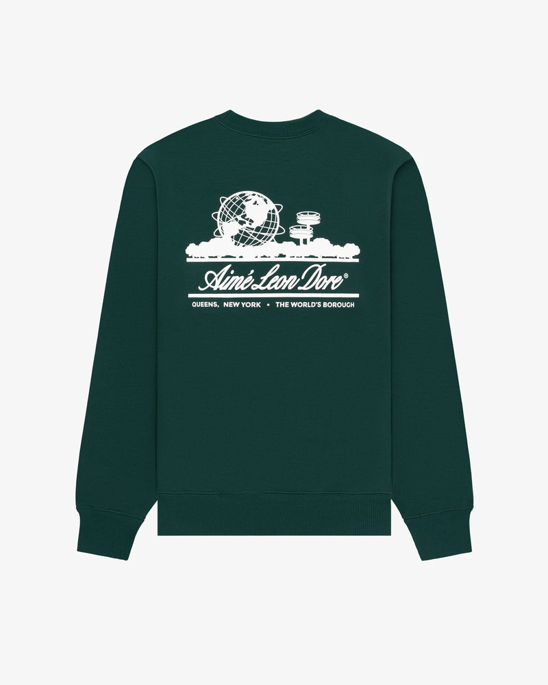 Unisphere Crewneck Sweatshirt in dark green featuring a white globe, observatory, and Aimé Leon Dore text on the back.