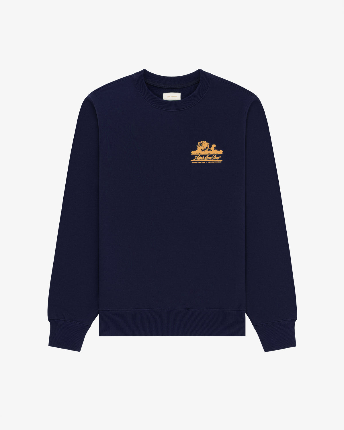 Unisphere Crewneck Sweatshirt in navy with a small yellow graphic and text on the left chest.