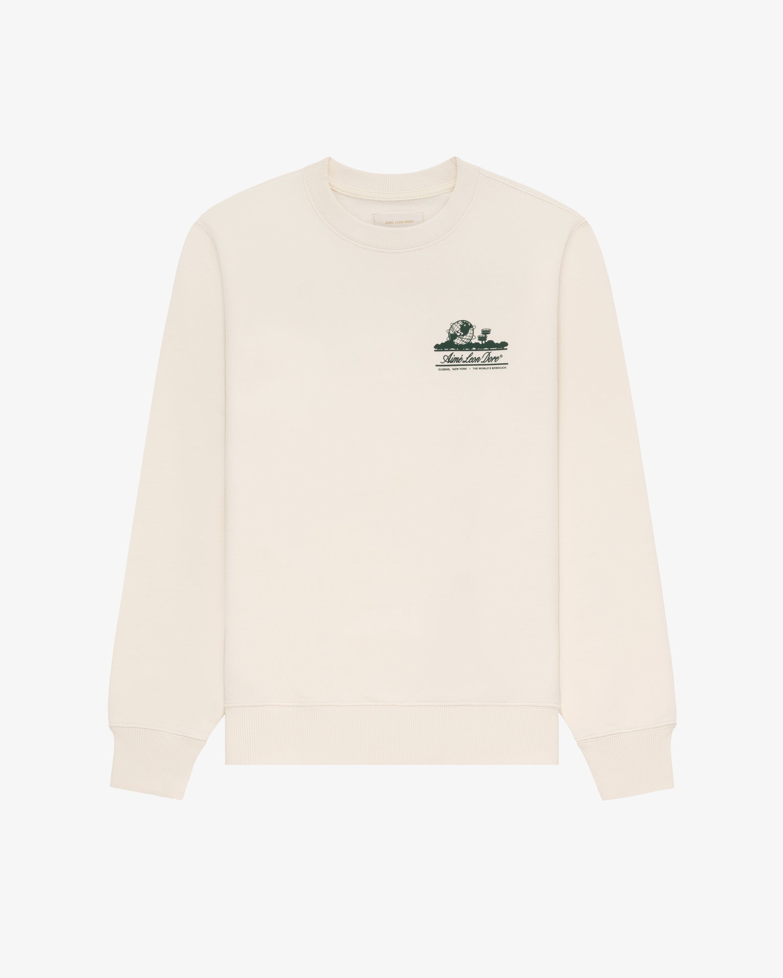 Unisphere Crewneck Sweatshirt in beige with small green graphic and text on left chest, shown laid flat on white.
