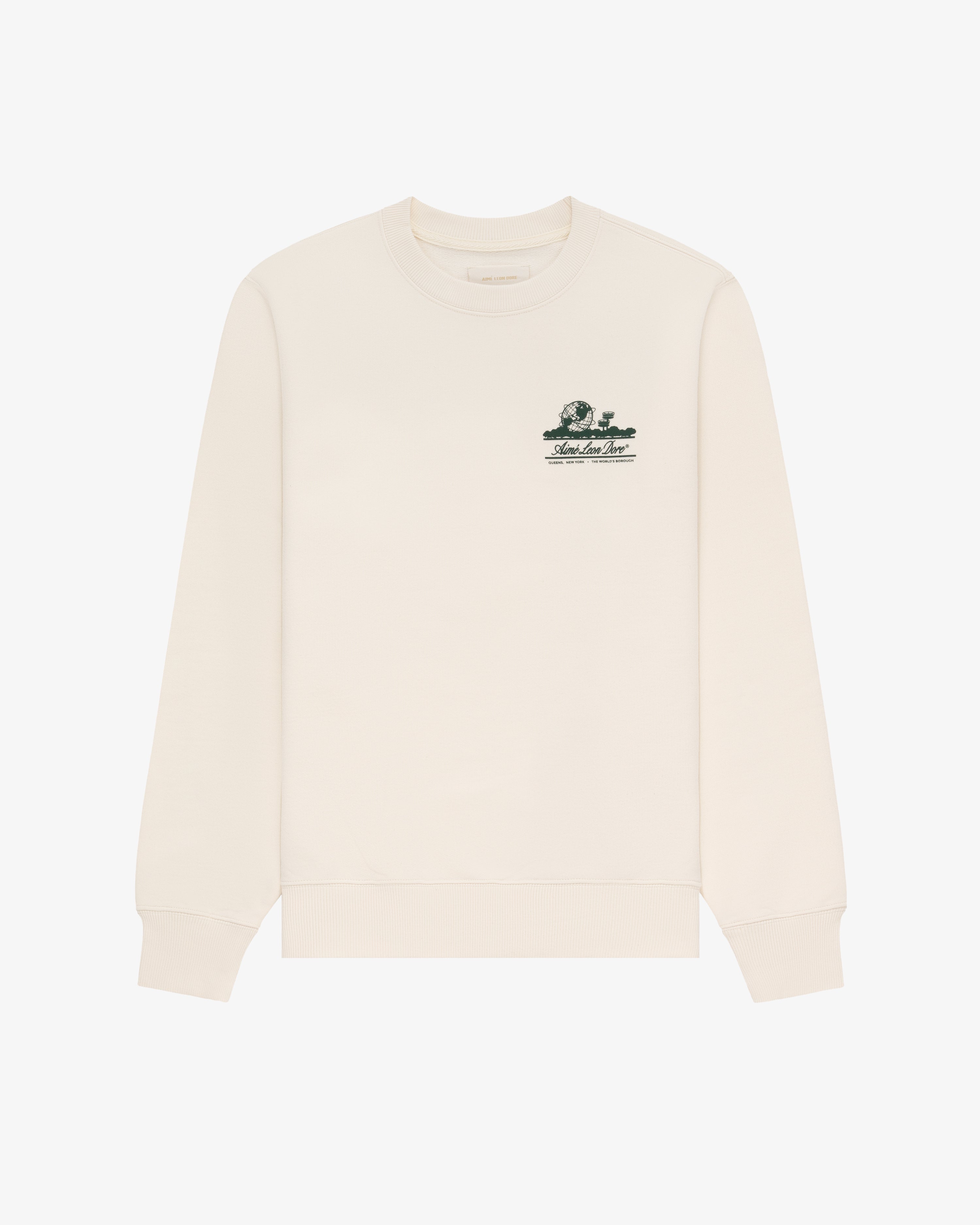 Unisphere Crewneck Sweatshirt in beige with small green graphic and text on left chest, shown laid flat on white.