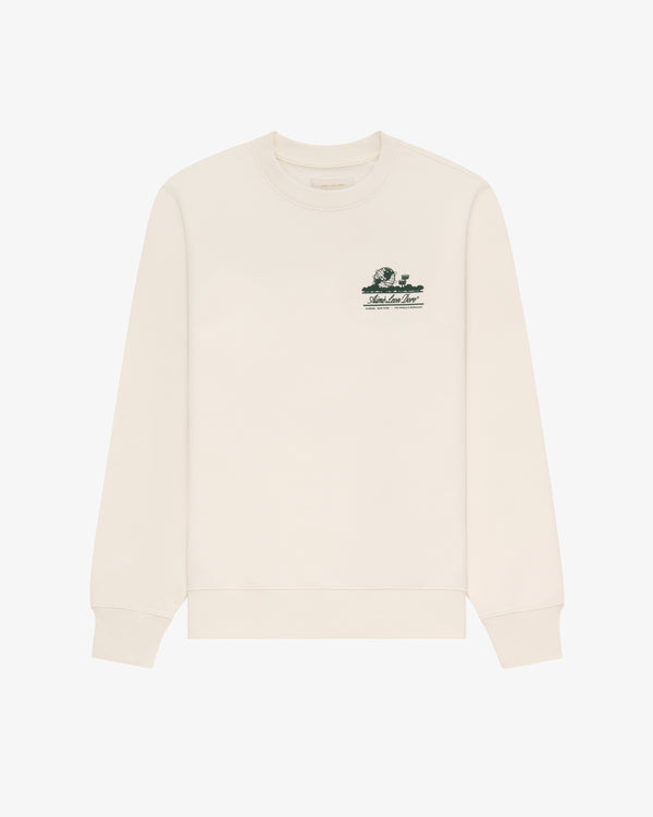 Unisphere Crewneck Sweatshirt in beige with small green graphic and text on left chest, shown laid flat on white.