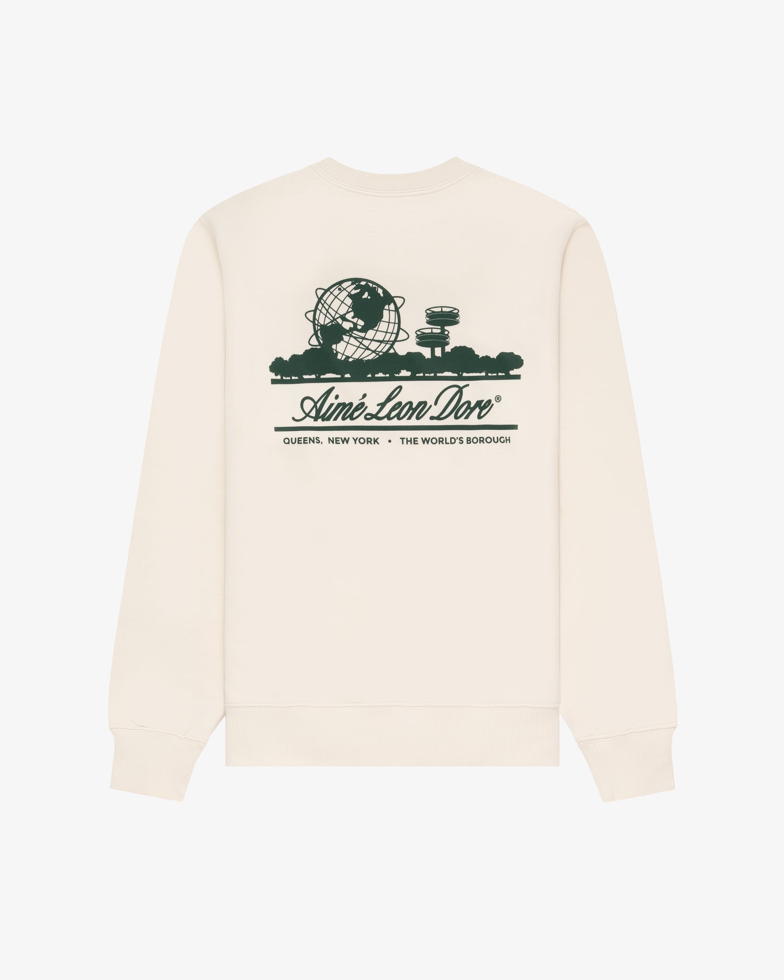 Unisphere Crewneck Sweatshirt in beige with dark green NYC landmarks and "The World's Borough" graphic by Aimé Leon Dore.