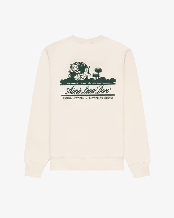 Unisphere Crewneck Sweatshirt in beige with dark green NYC landmarks and "The World's Borough" graphic by Aimé Leon Dore.