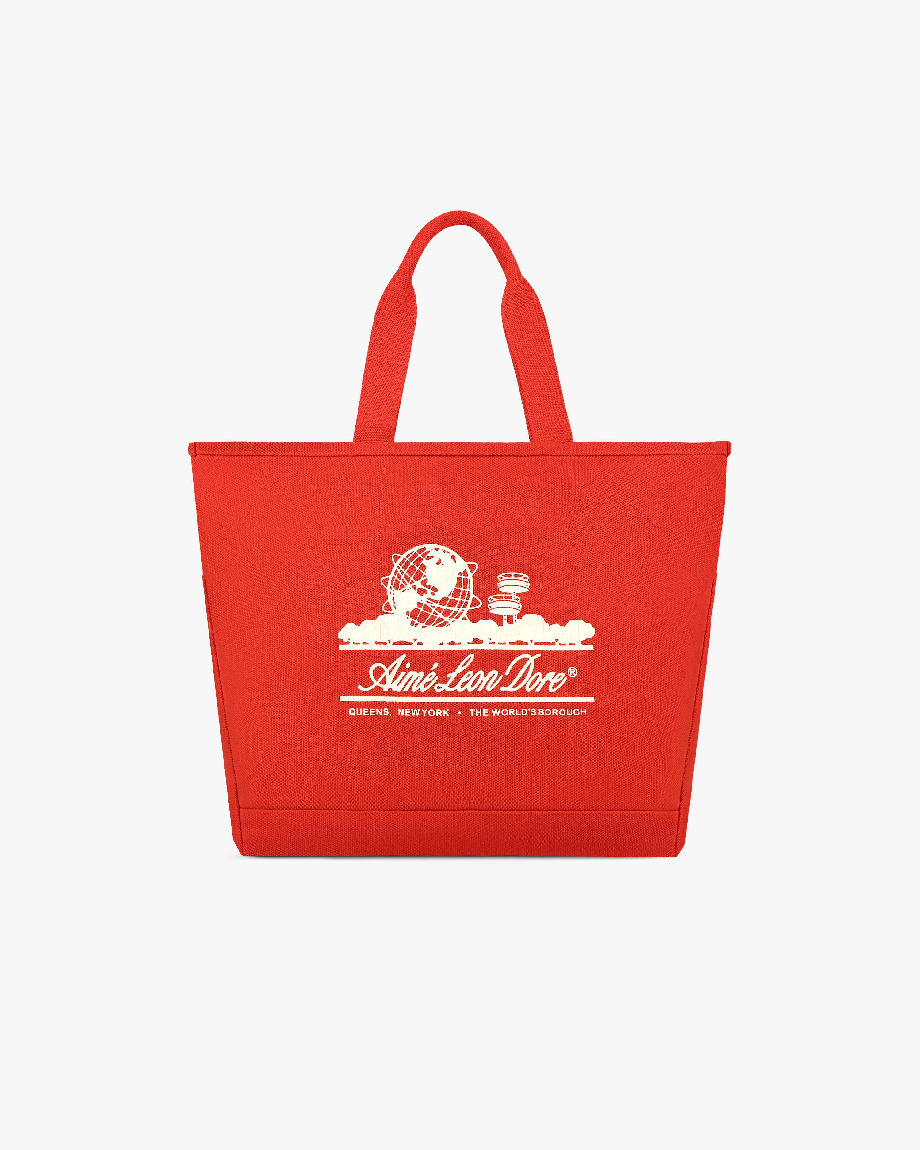 Large Unisphere Tote Bag in bright red with white graphics, globe, clouds, and “Aimé Leon Dore” text.