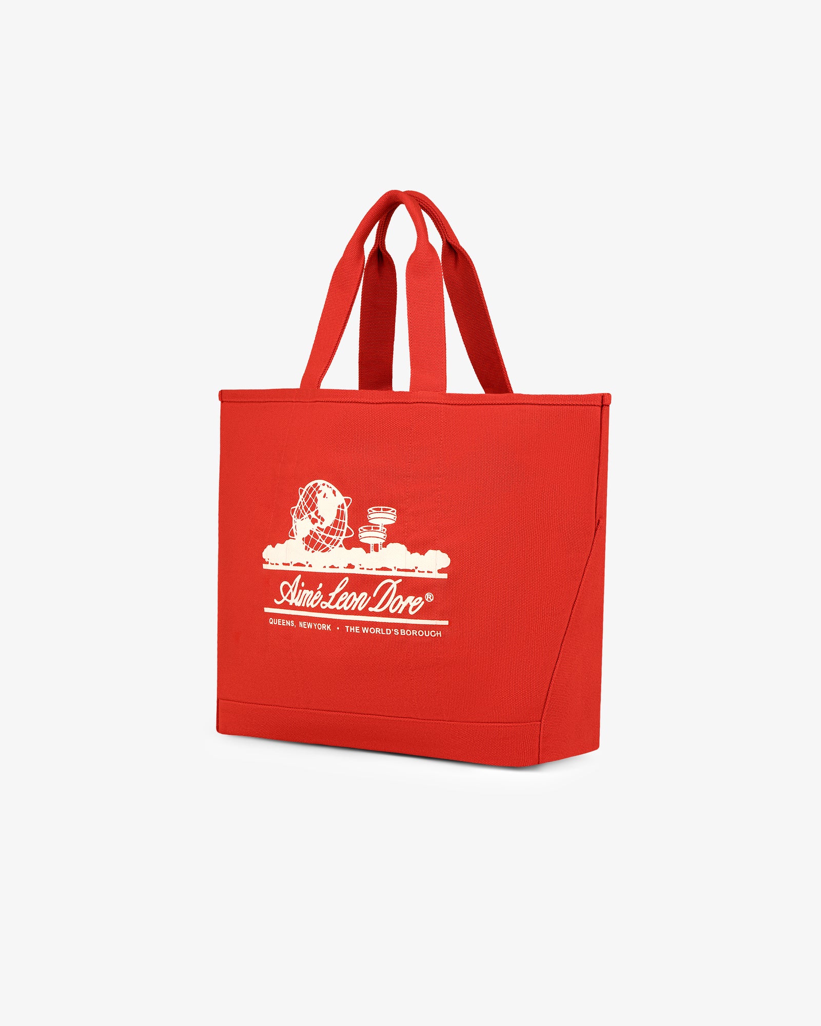 Large Unisphere Tote Bag: red canvas with white graphic print, two handles, displayed upright on white background.