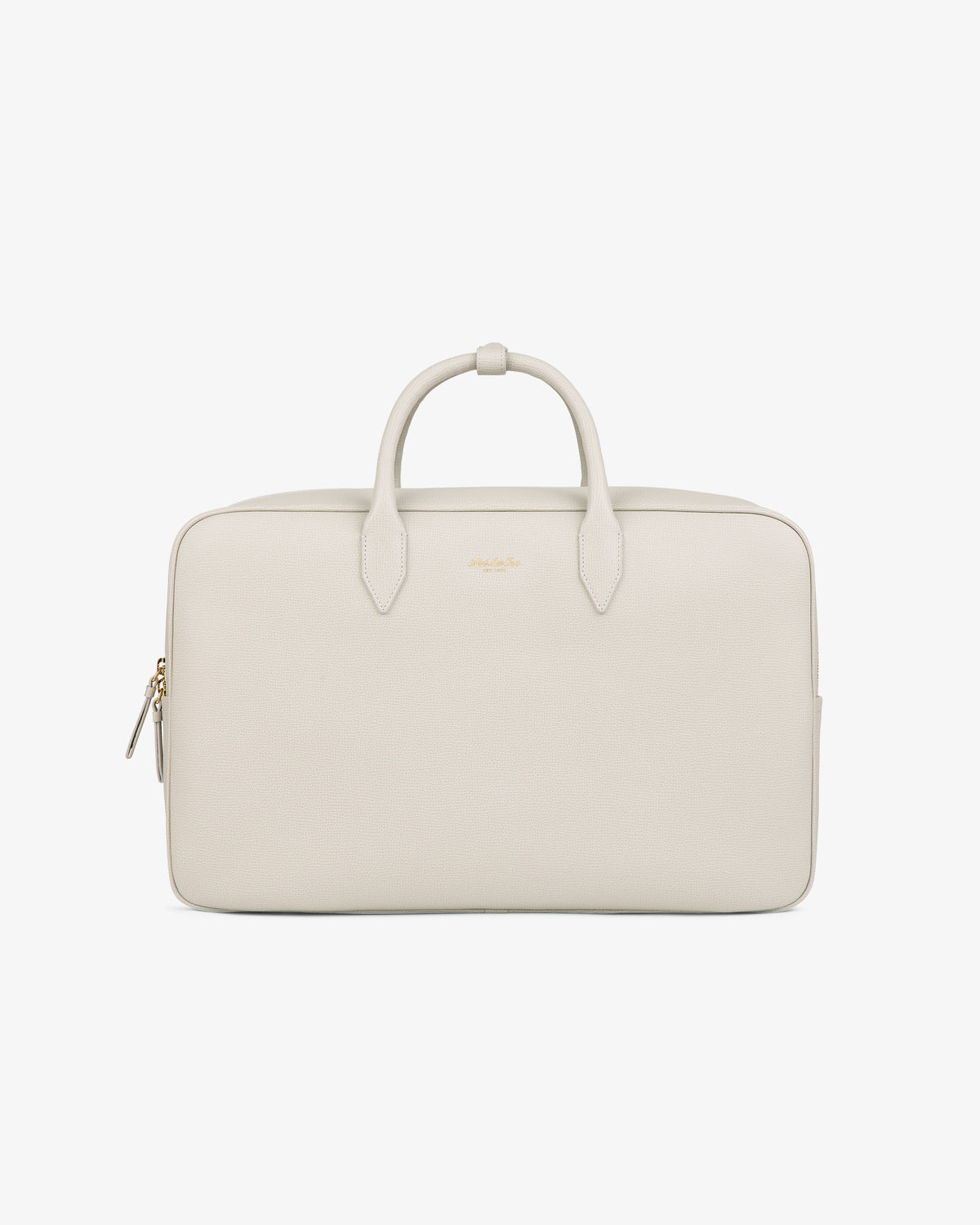 A minimalist, light beige Full Grain Leather Briefcase Duffle with two handles, zipper, and gold-tone hardware.