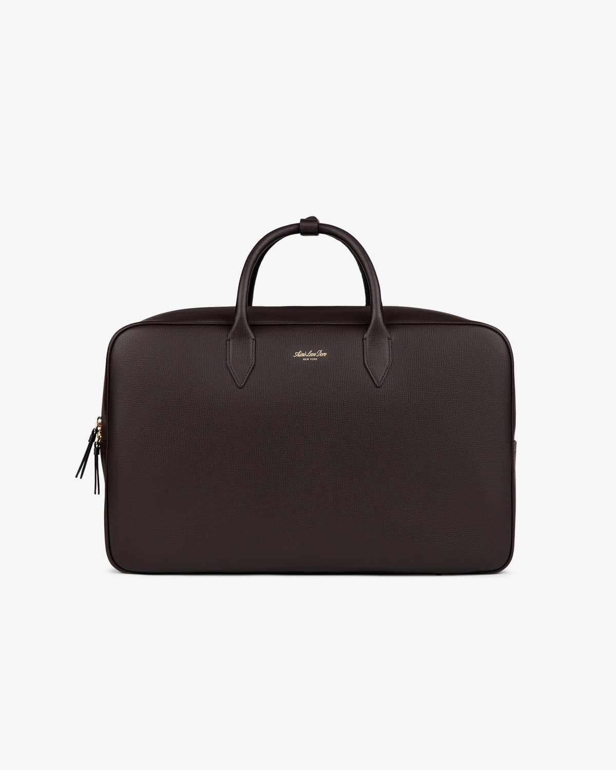 The Full Grain Leather Briefcase Duffle in black with two handles and a zipper is shown on a plain white background.