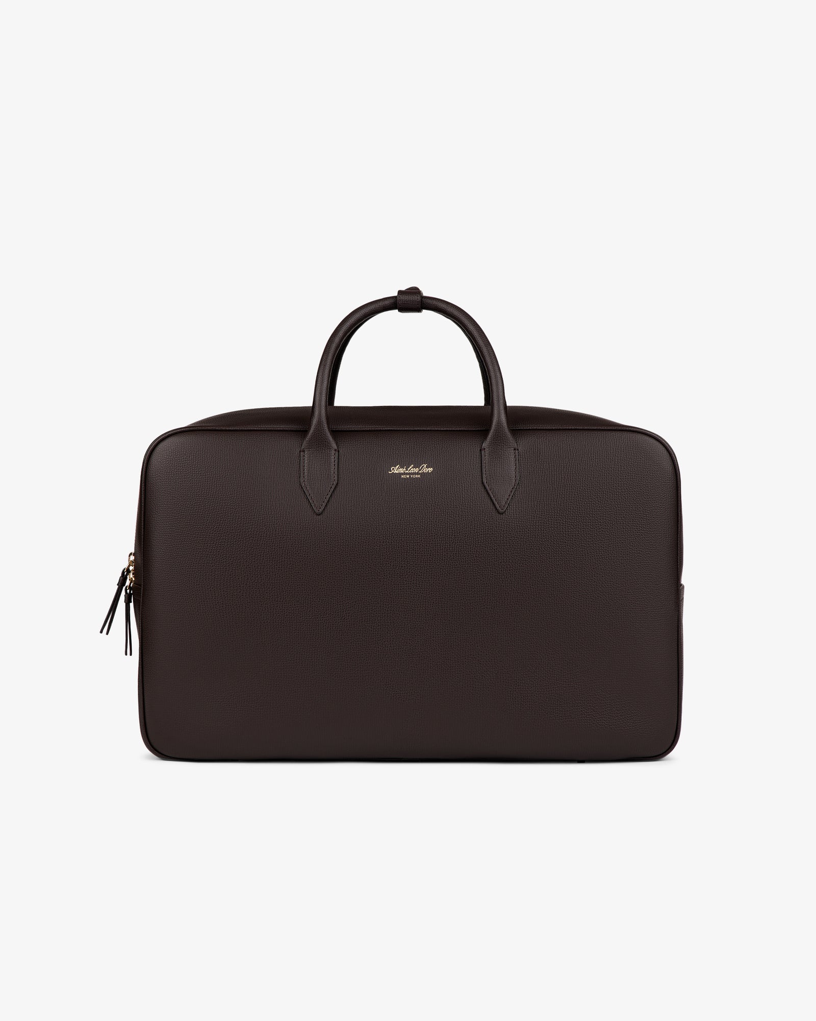 The Full Grain Leather Briefcase Duffle in black with two handles and a zipper is shown on a plain white background.
