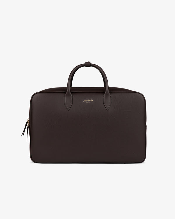 The Full Grain Leather Briefcase Duffle in black with two handles and a zipper is shown on a plain white background.