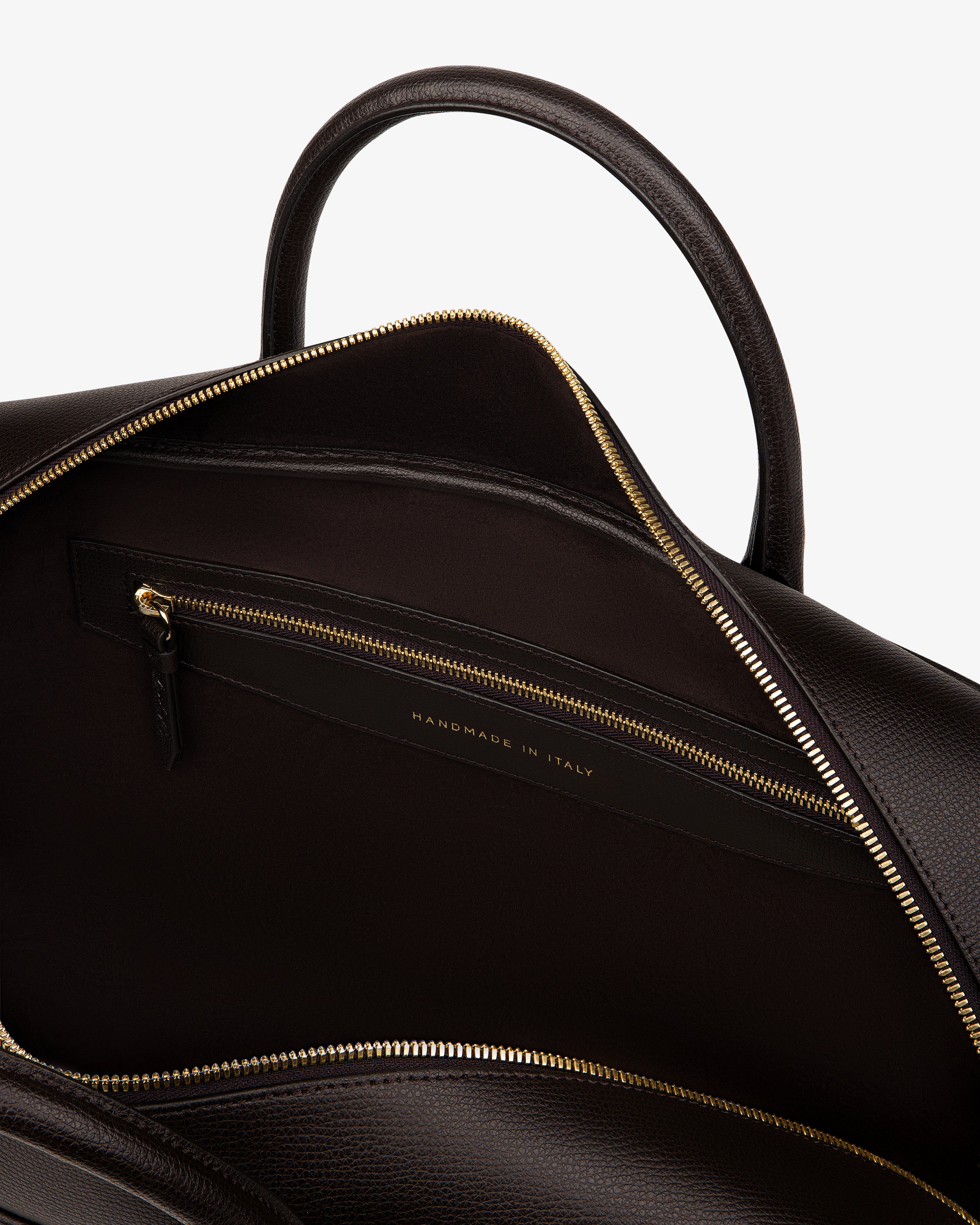 Open Full Grain Leather Briefcase Duffle showing interior zip pocket, gold zipper, and "Handmade in Italy" embossed lining.