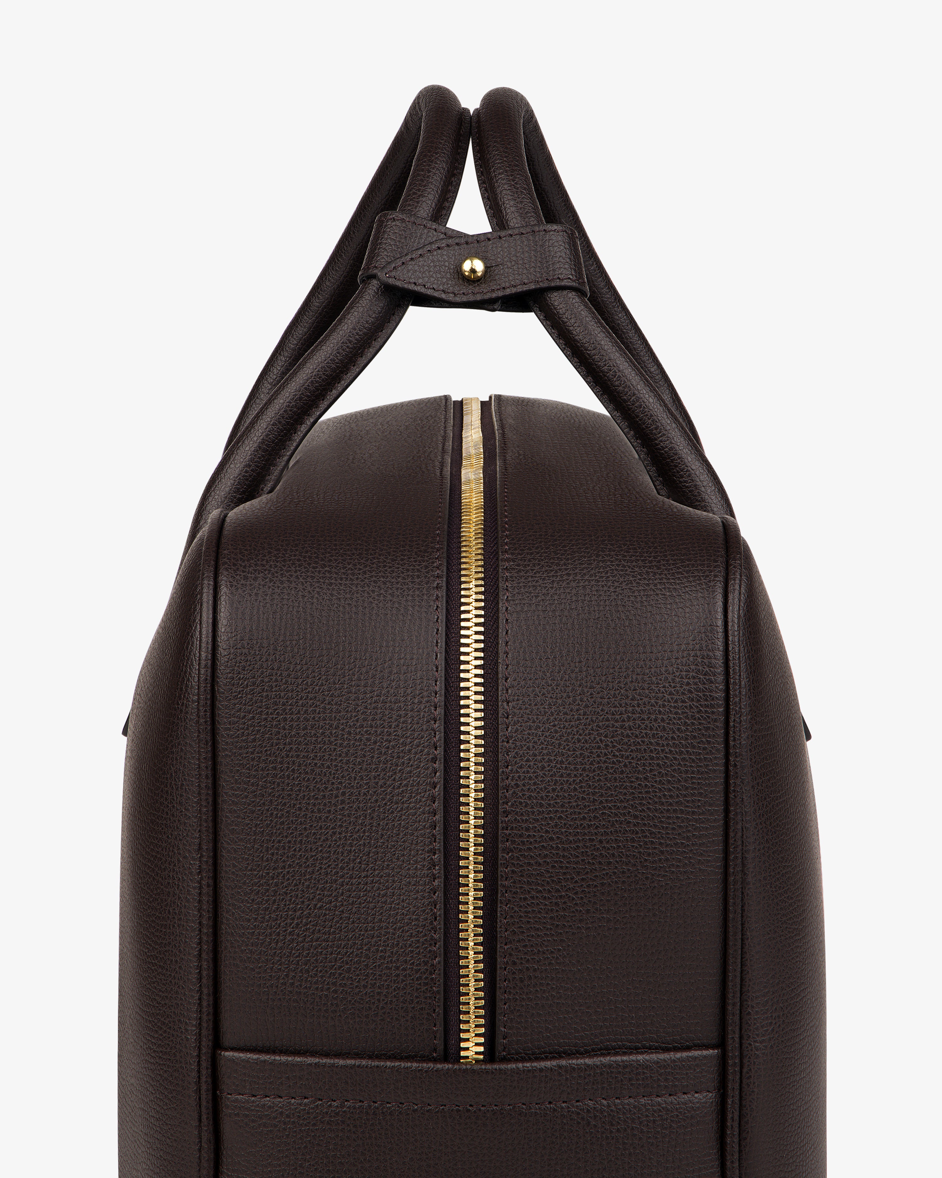 Side view of the Full Grain Leather Briefcase Duffle in dark brown with gold zipper and two handles, on white background.