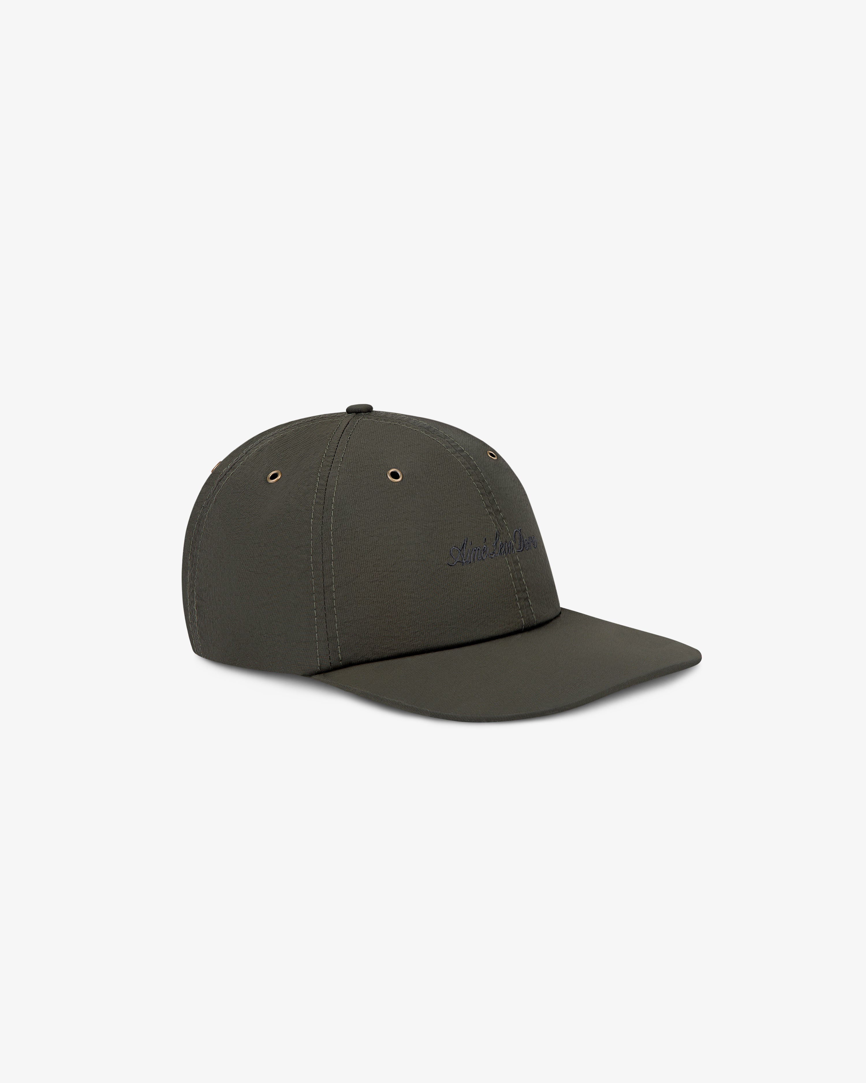 Embroidered Script Sport Hat in dark green, featuring front text embroidery, shown on a white background.