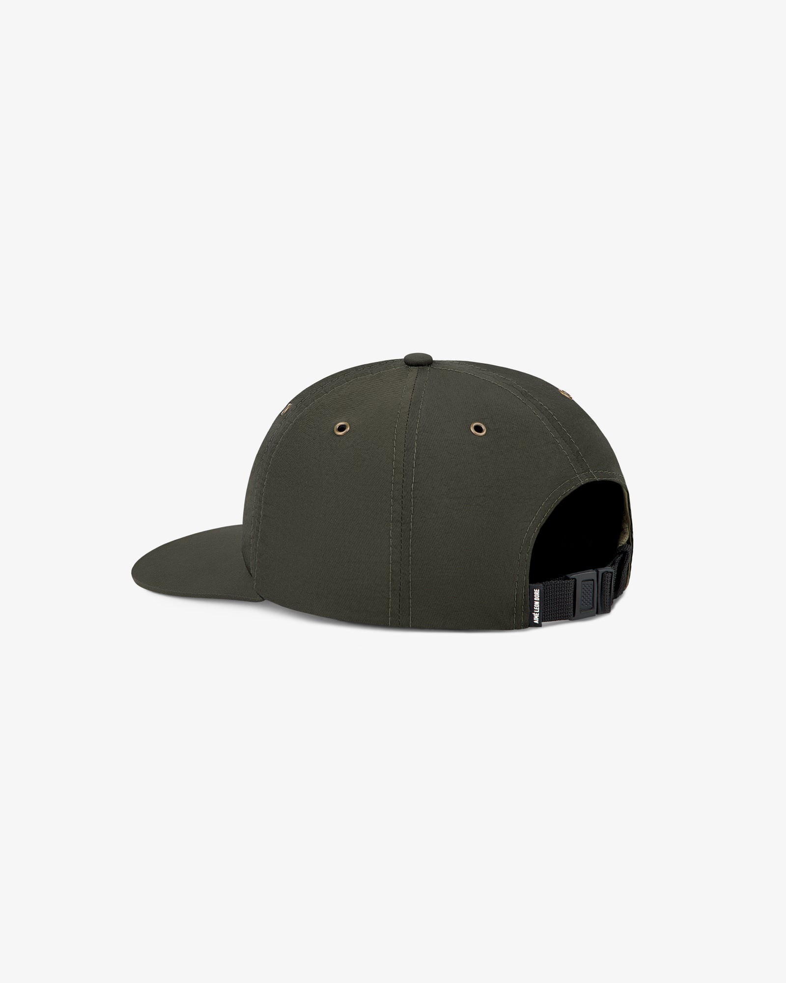 Embroidered Script Sport Hat in dark green, back view with adjustable black strap and side metal eyelets.