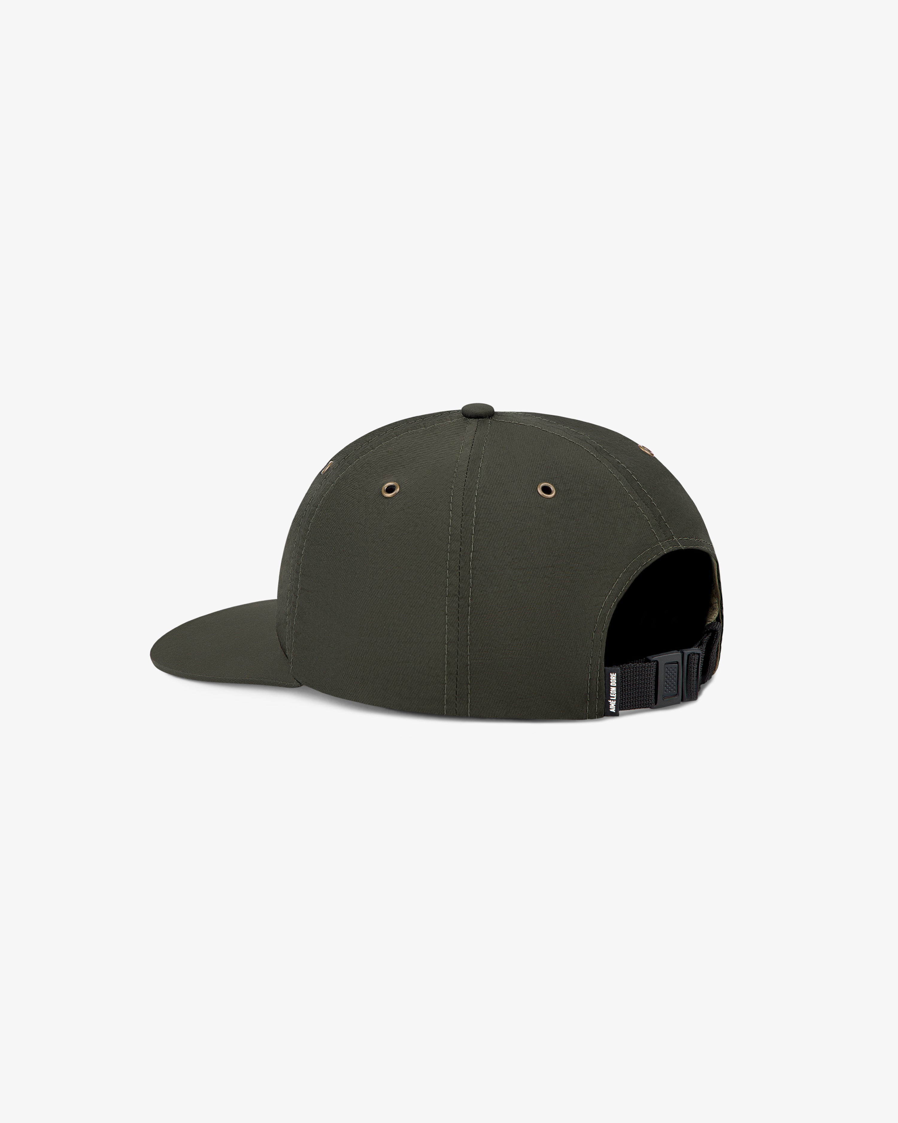 Embroidered Script Sport Hat in dark green, back view with adjustable black strap and side metal eyelets.
