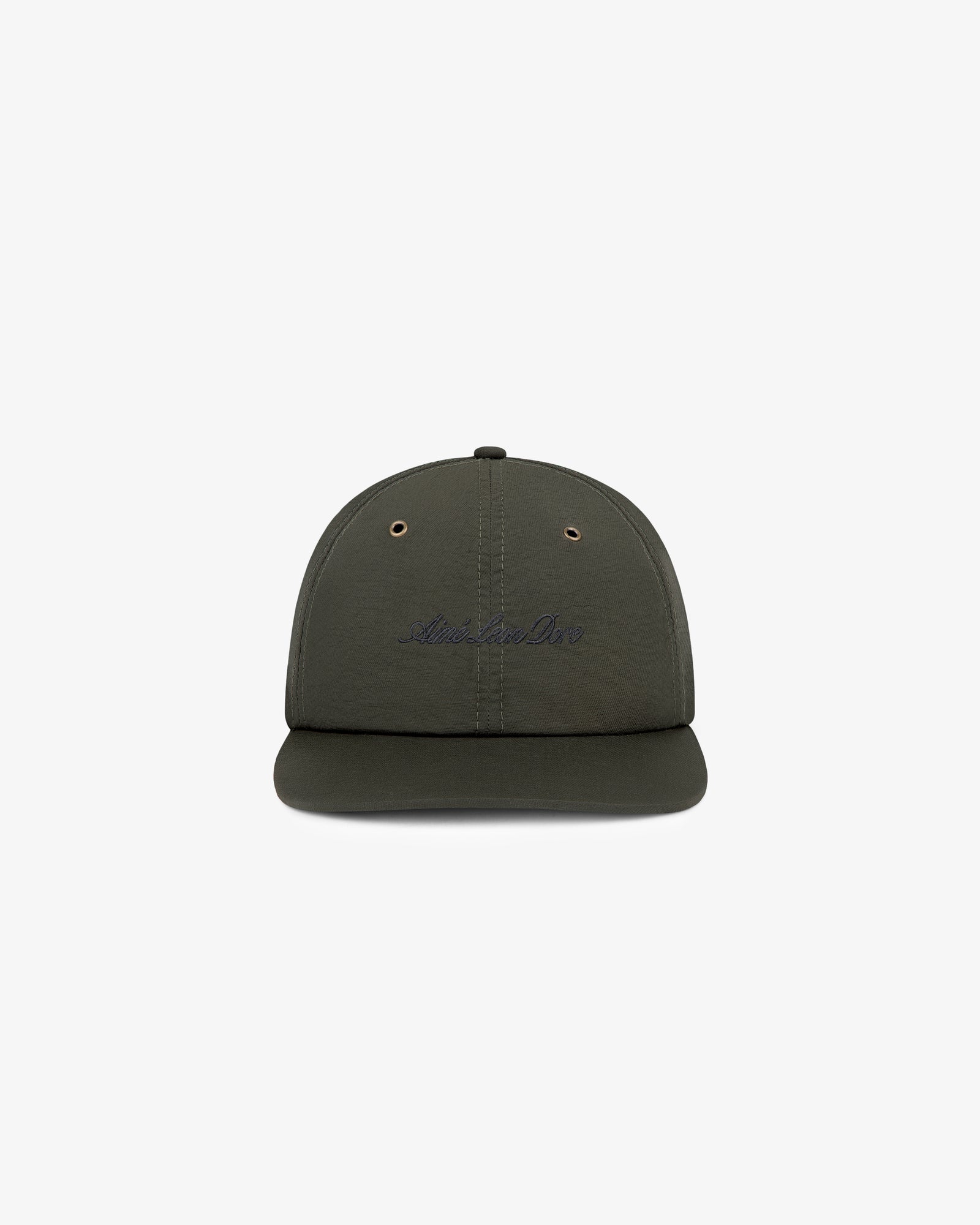 Embroidered Script Sport Hat in dark green, front view with subtle text on a white background.