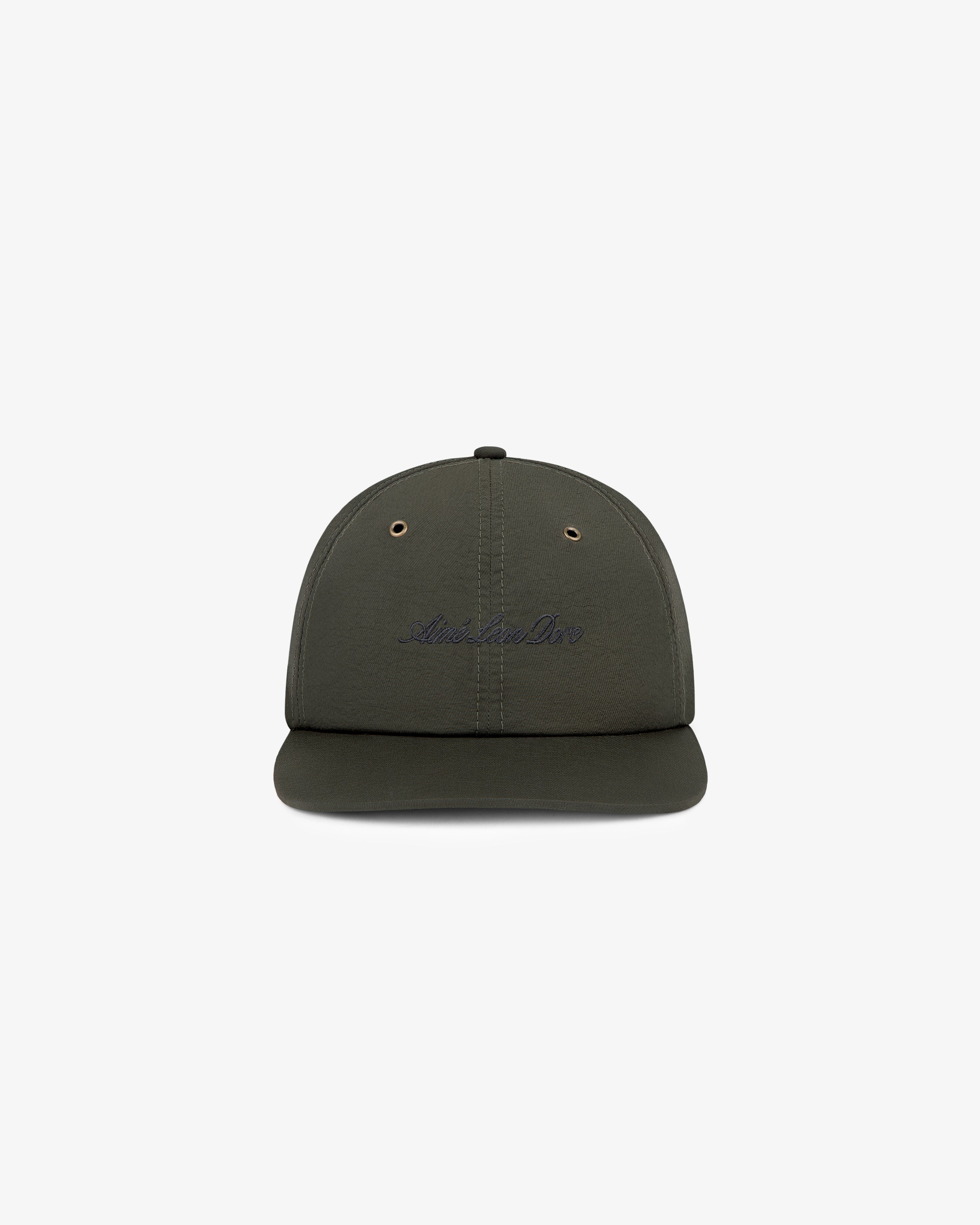 Embroidered Script Sport Hat in dark green, front view with subtle text on a white background.