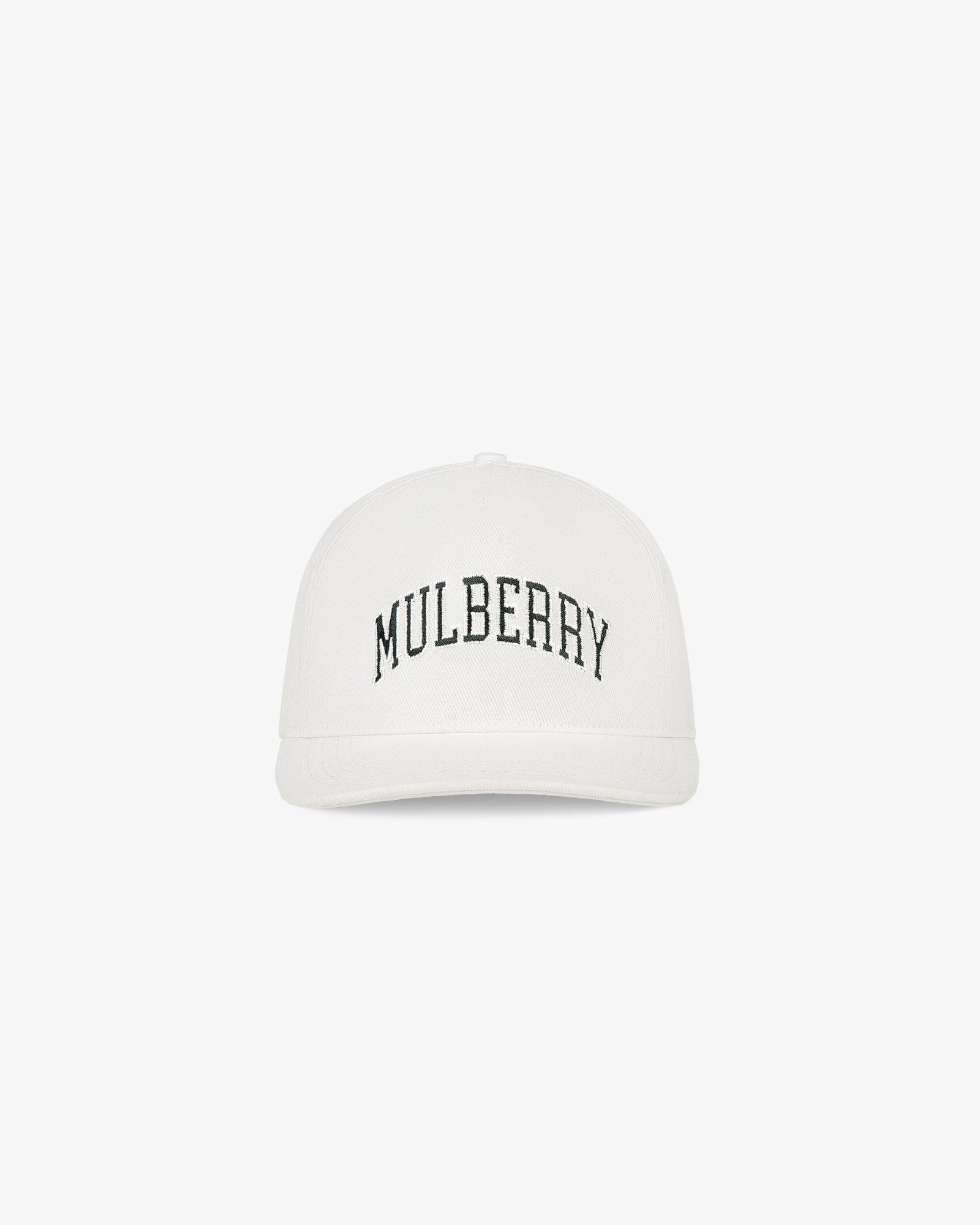 Collegiate Mulberry Hat: white cap with black arched MULBERRY text on front, shown against a plain white background.