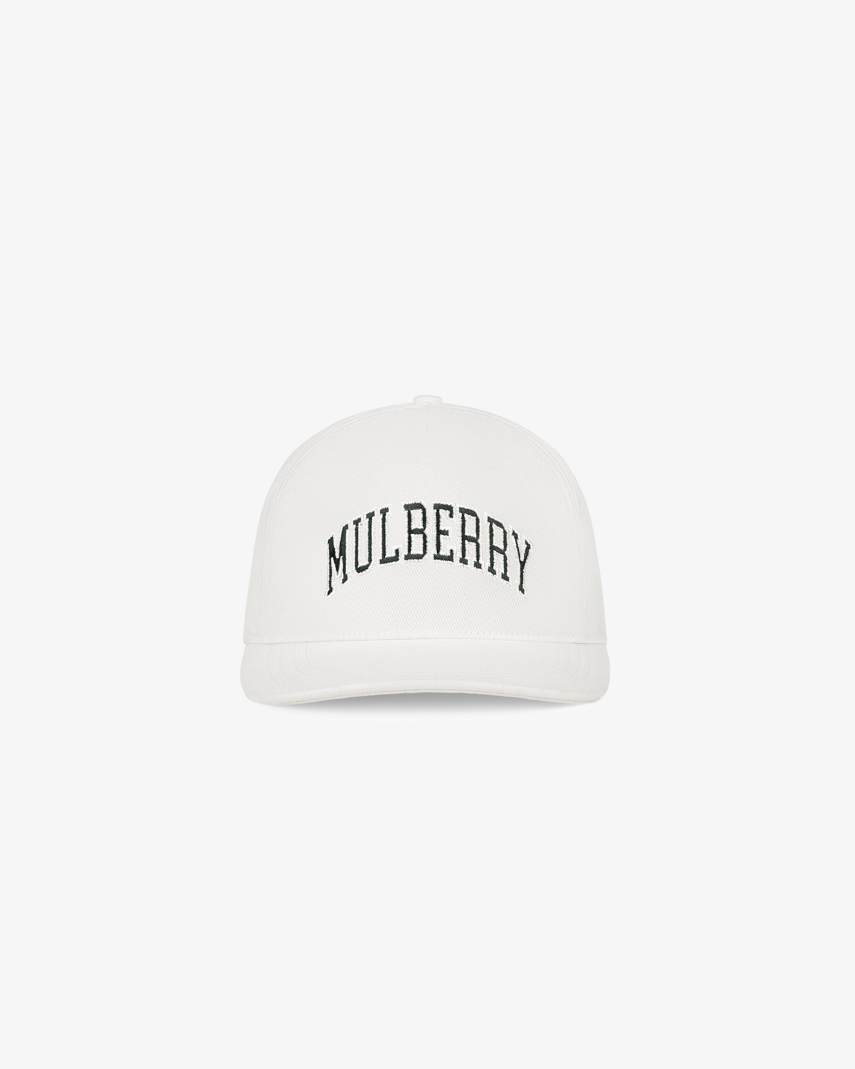 Collegiate Mulberry Hat: white cap with black arched MULBERRY text on front, shown against a plain white background.