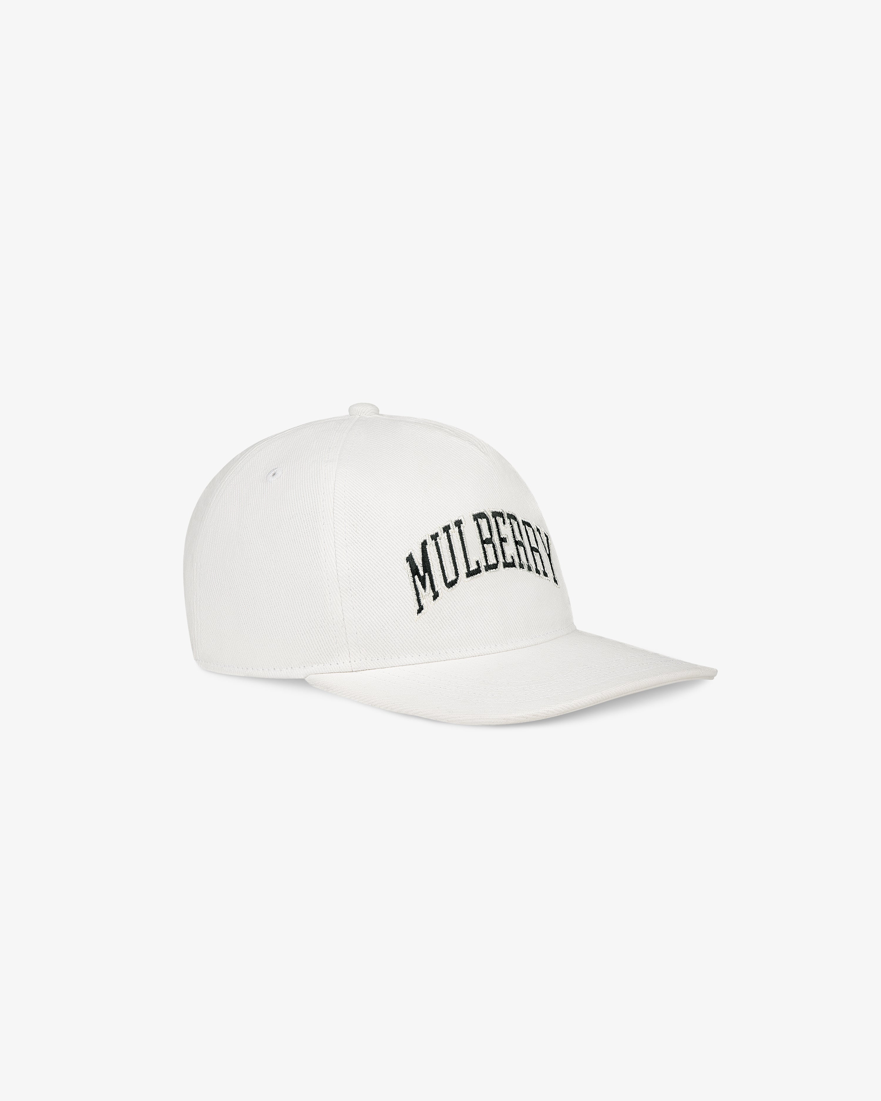 Collegiate Mulberry Hat: white baseball cap with “MULBERRY” in black, arched letters on the front.