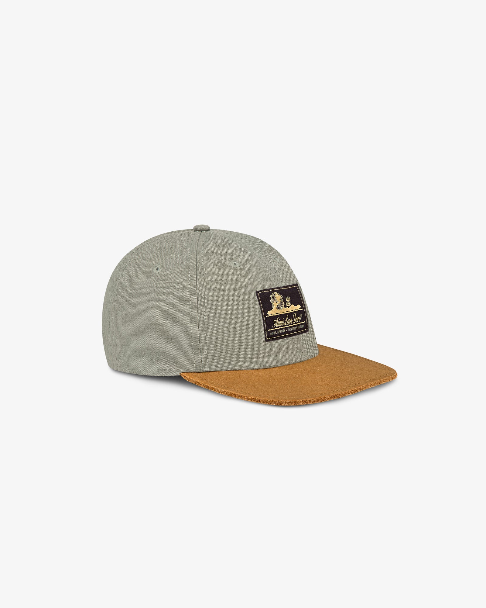 Unisphere Label Hat: gray cap, brown brim, black patch with gold logo on front; displayed on a white background.