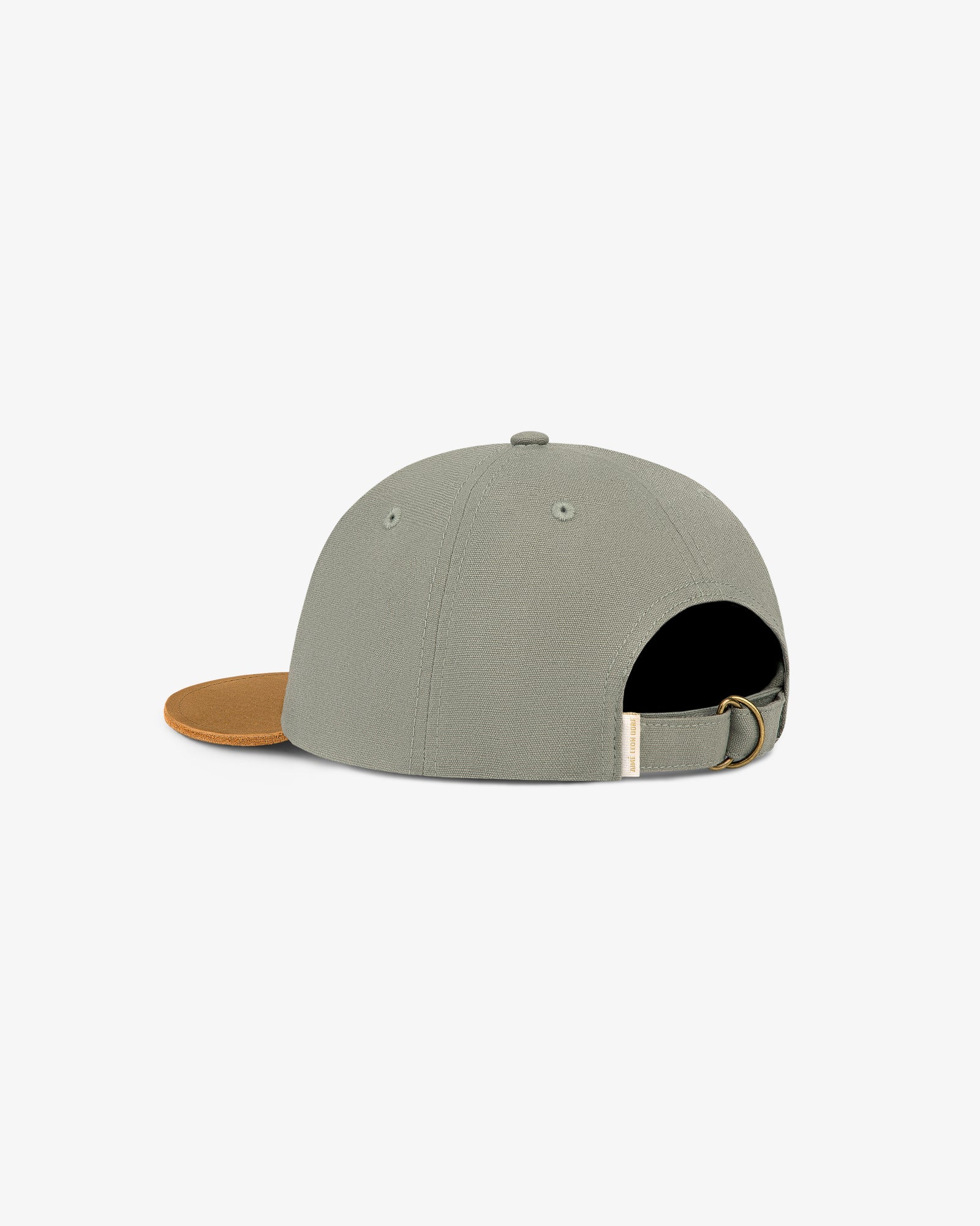 Unisphere Label Hat in gray with brown brim, back view, adjustable strap, and metal clasp.