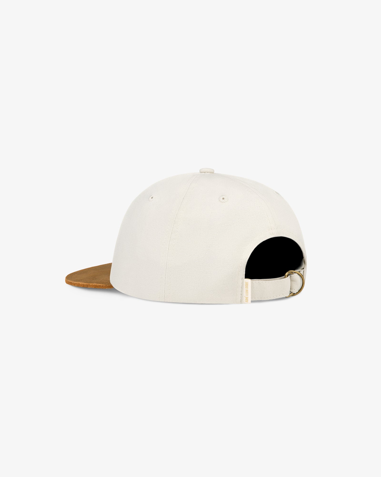 Unisphere Label Hat, white with brown brim, back view featuring adjustable strap and metal buckle.