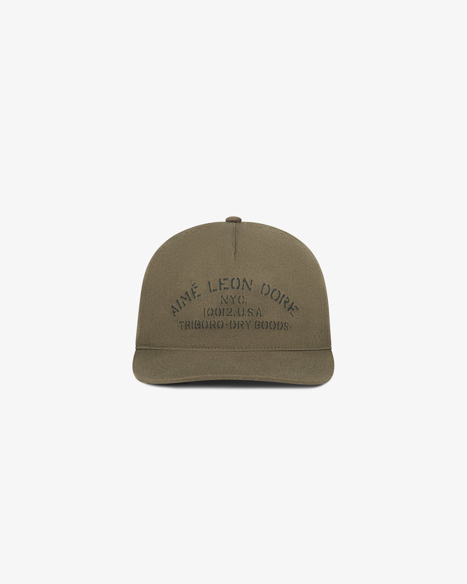 Triborough Dry Goods Hat in olive green with Aime Leon Dore NYC 10120 U.S.A. embroidered on the front.
