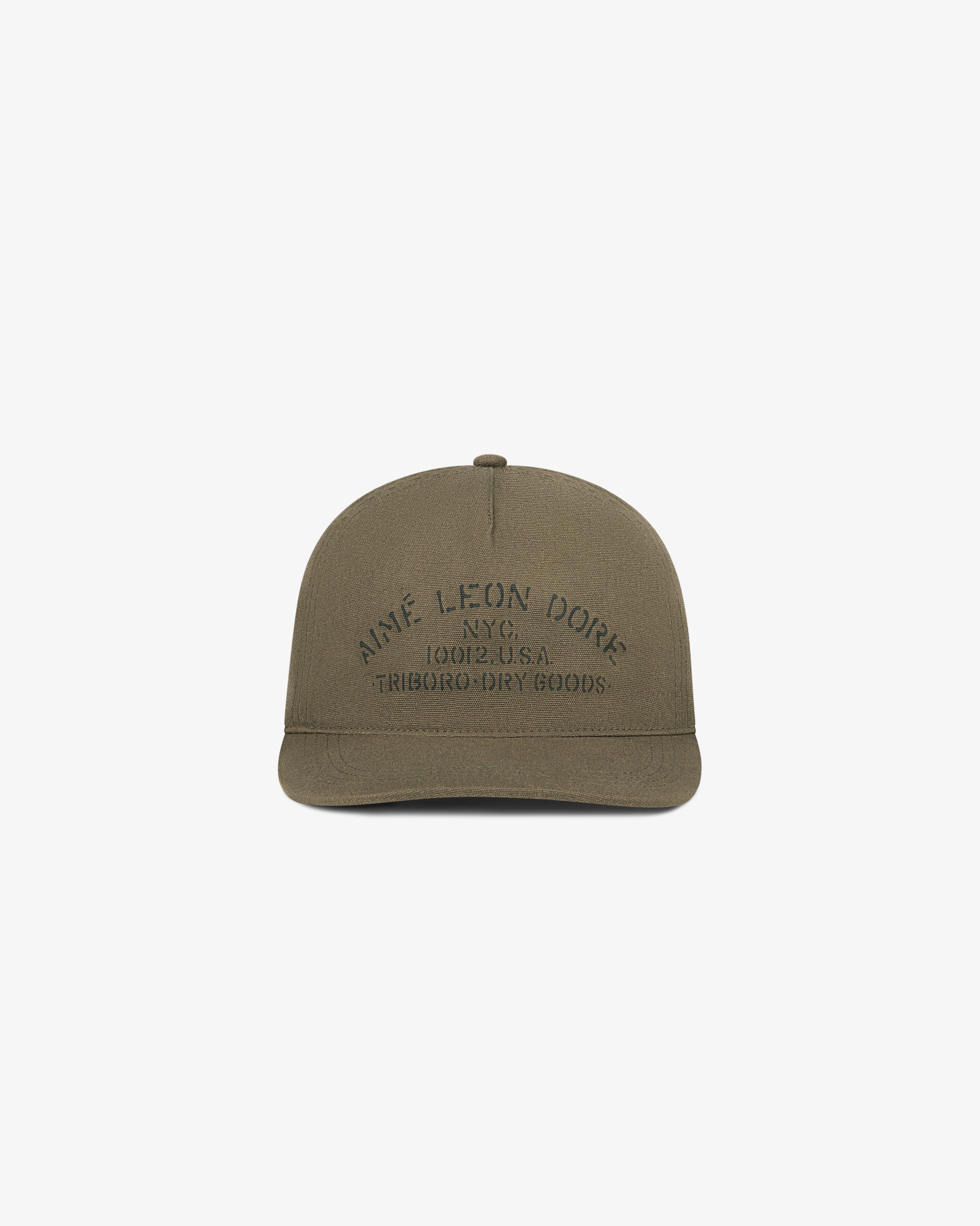 Triborough Dry Goods Hat in olive green with Aime Leon Dore NYC 10120 U.S.A. embroidered on the front.