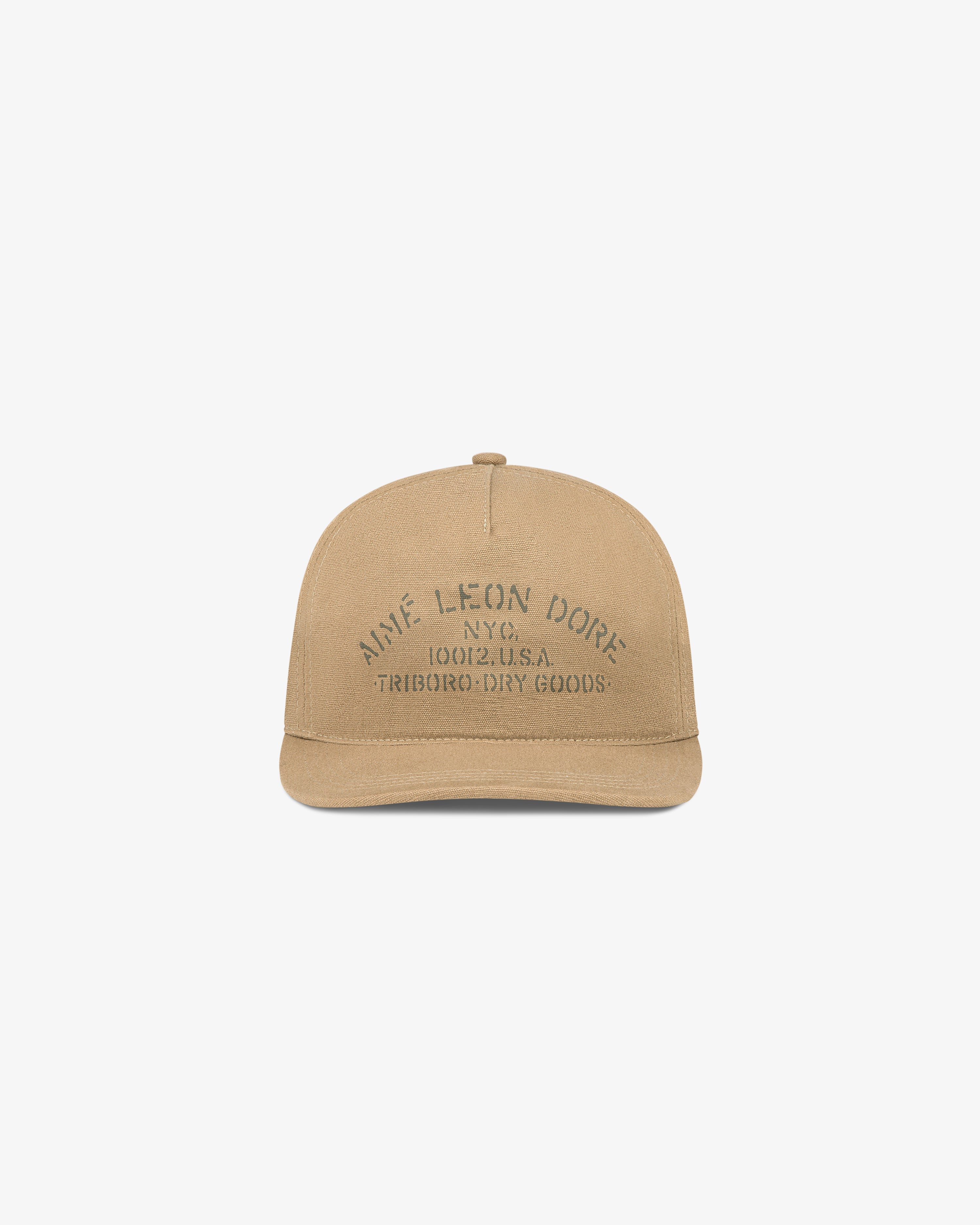 Tan Triborough Dry Goods Hat by Aimé Leon Dore with NYC embroidery, displayed on a plain background.