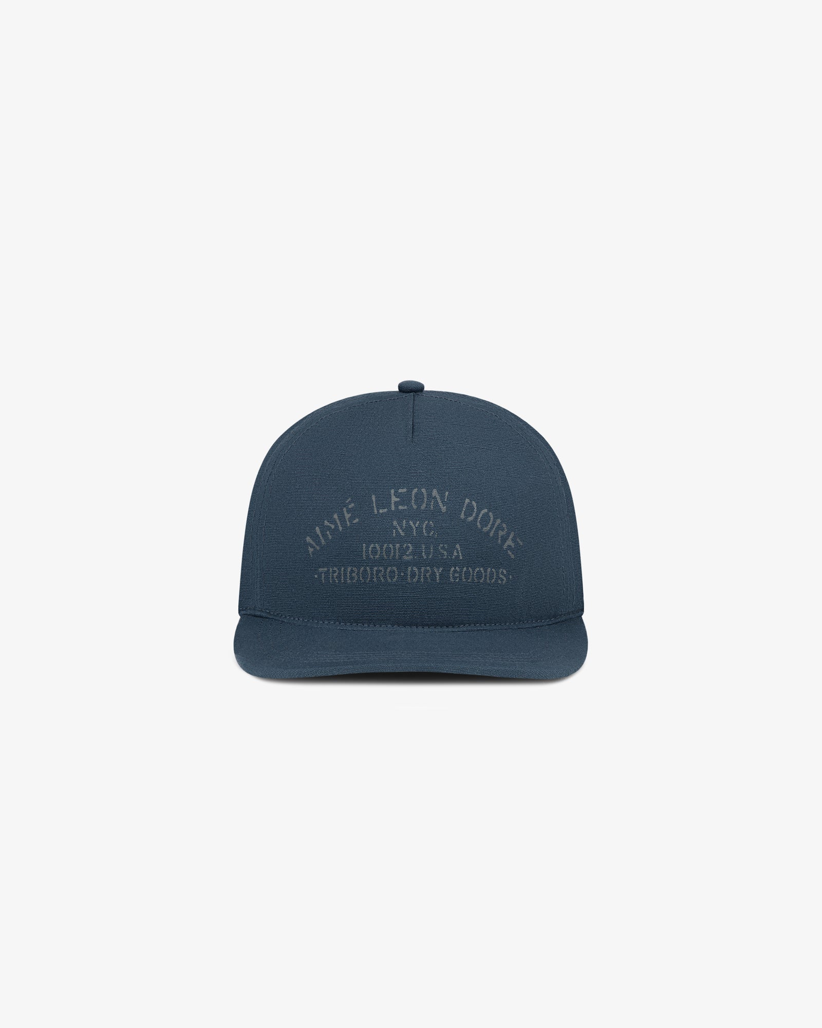 A navy cap with raised “Aime Leon Dore NYC 10012 U.S.A. Triboro Dry Goods” text, Triborough Dry Goods Hat.