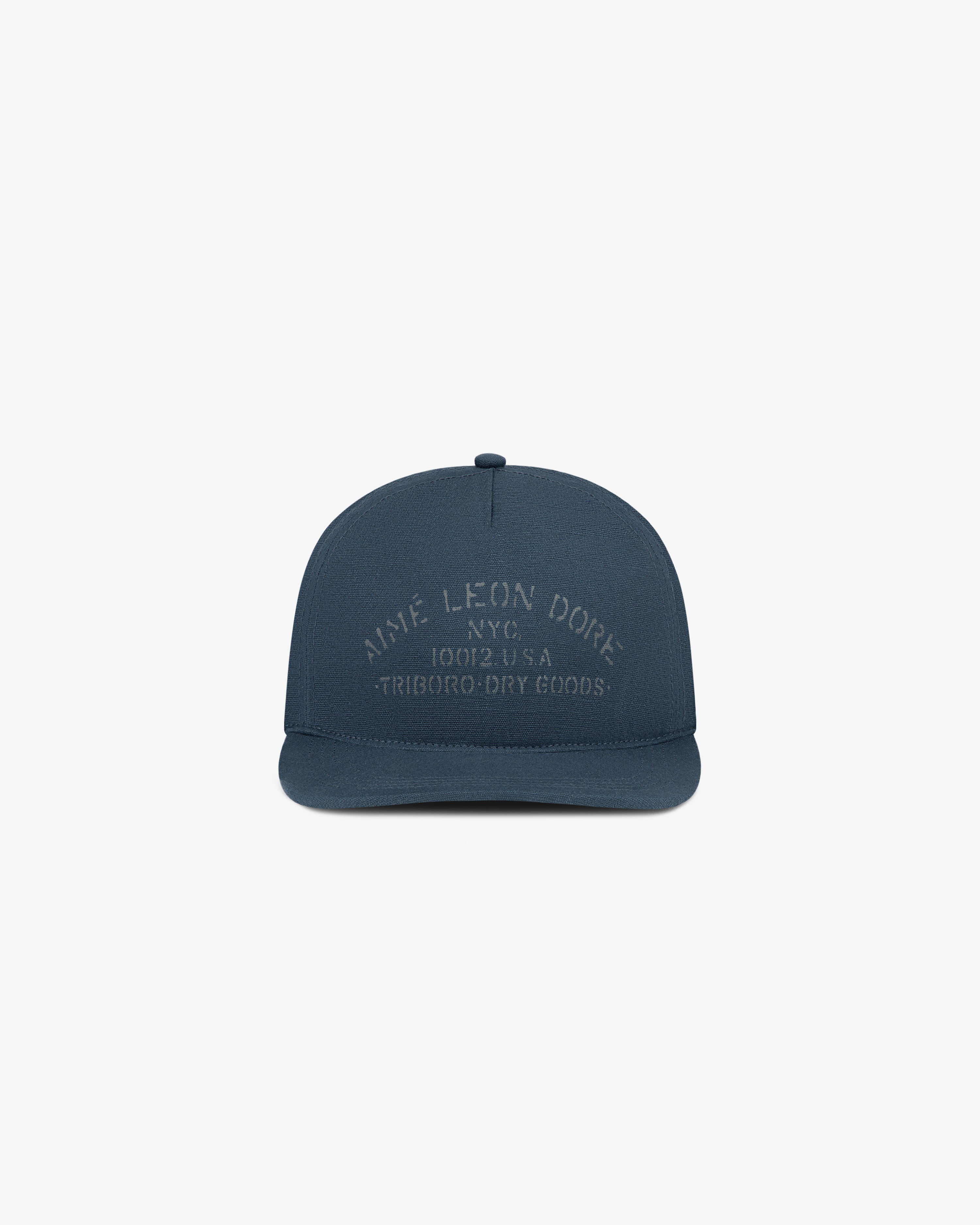A navy cap with raised “Aime Leon Dore NYC 10012 U.S.A. Triboro Dry Goods” text, Triborough Dry Goods Hat.