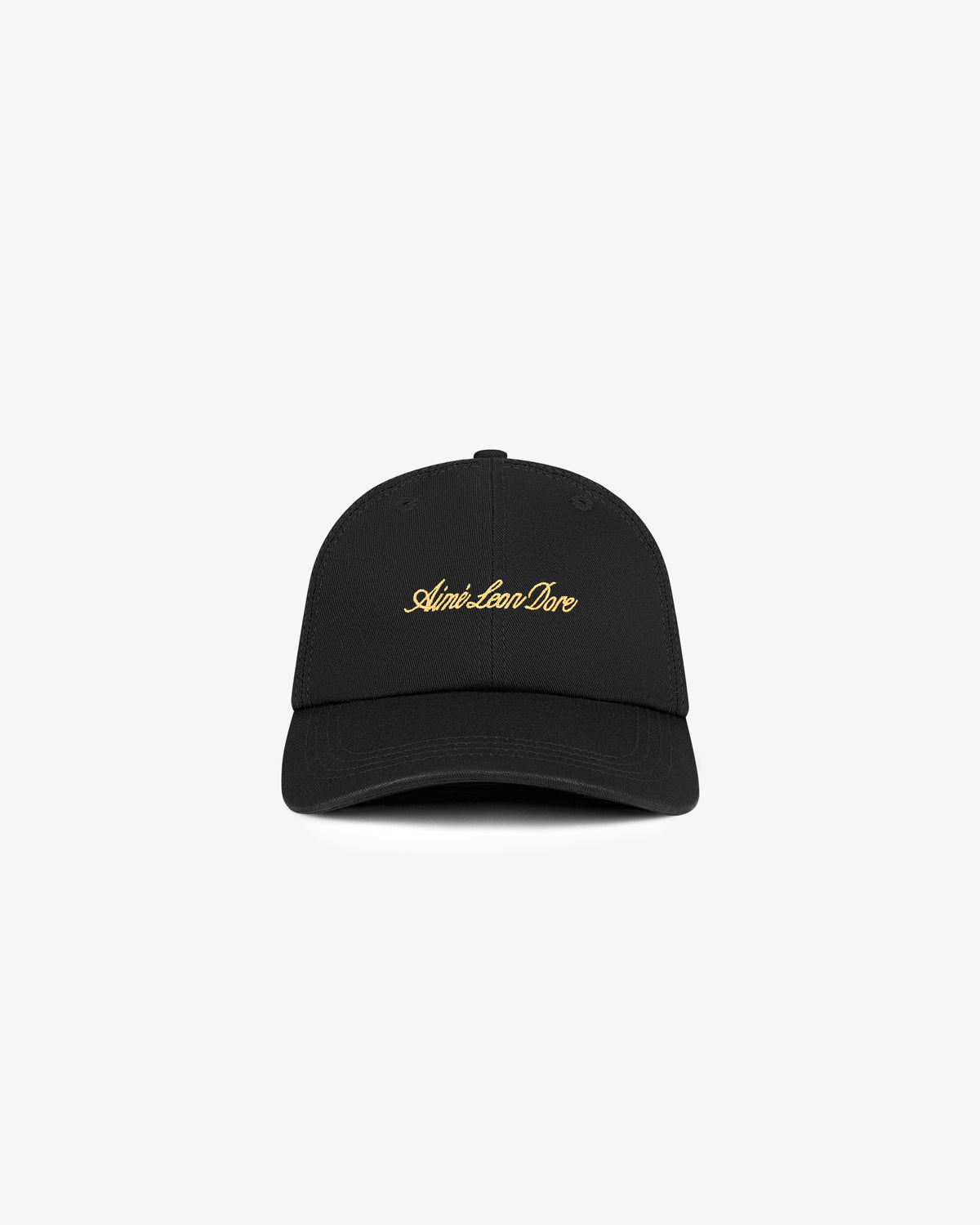 Washed Script Hat in black with gold embroidered Aimé Leon Dore script on the front, shown on a white background.
