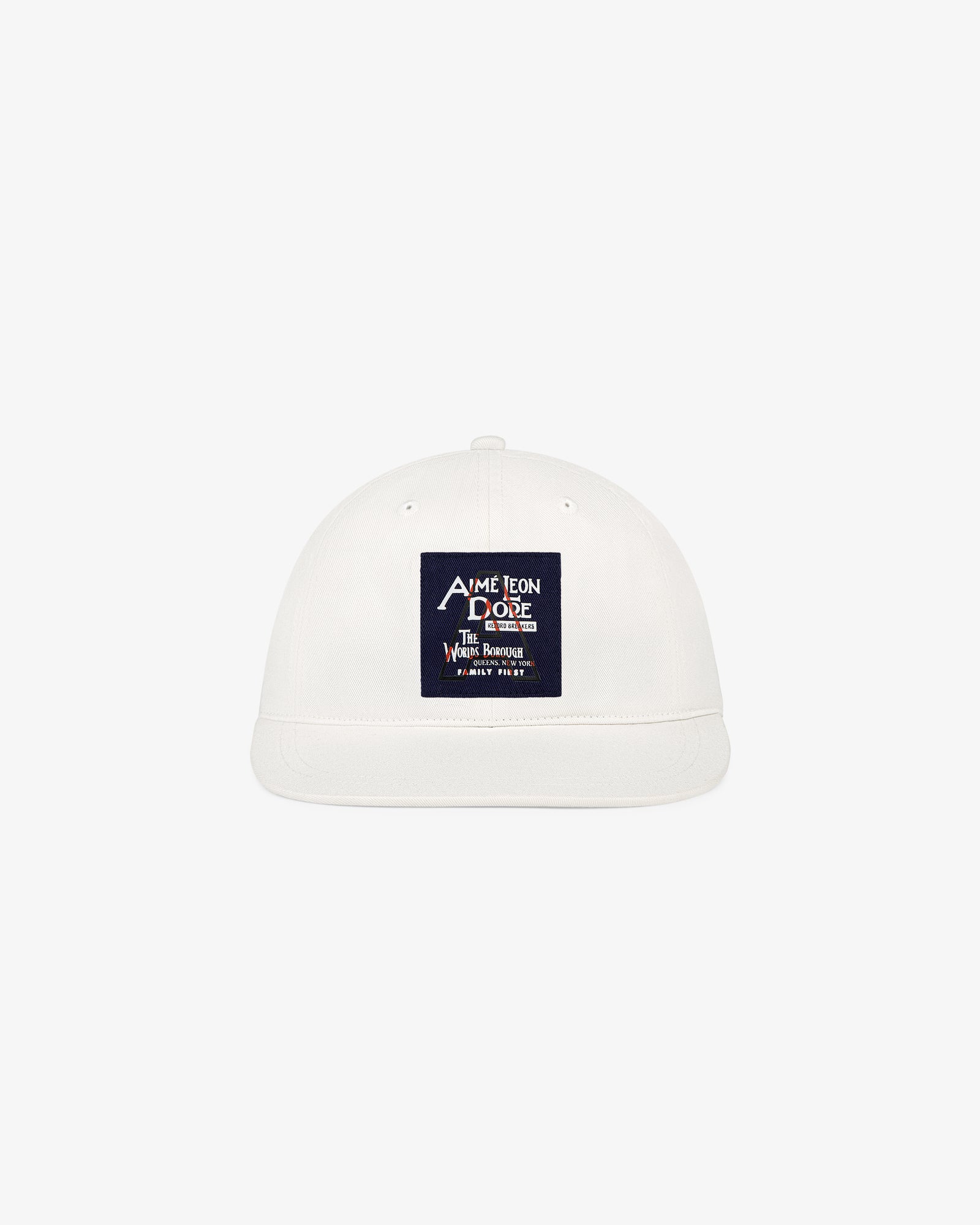 Record Breakers Wide Bill Hat, white with a dark rectangular patch displaying text and graphics on the front.