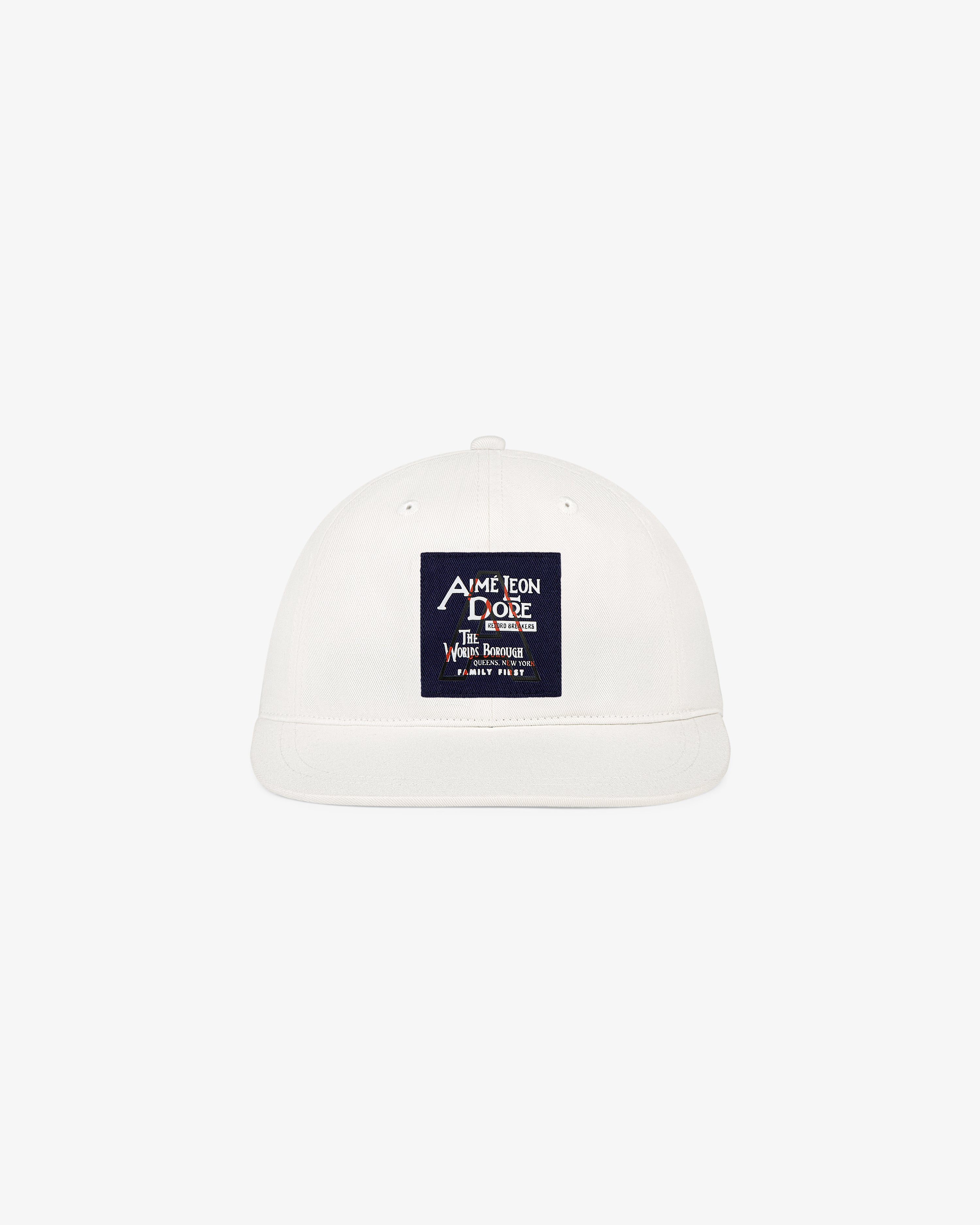 Record Breakers Wide Bill Hat, white with a dark rectangular patch displaying text and graphics on the front.