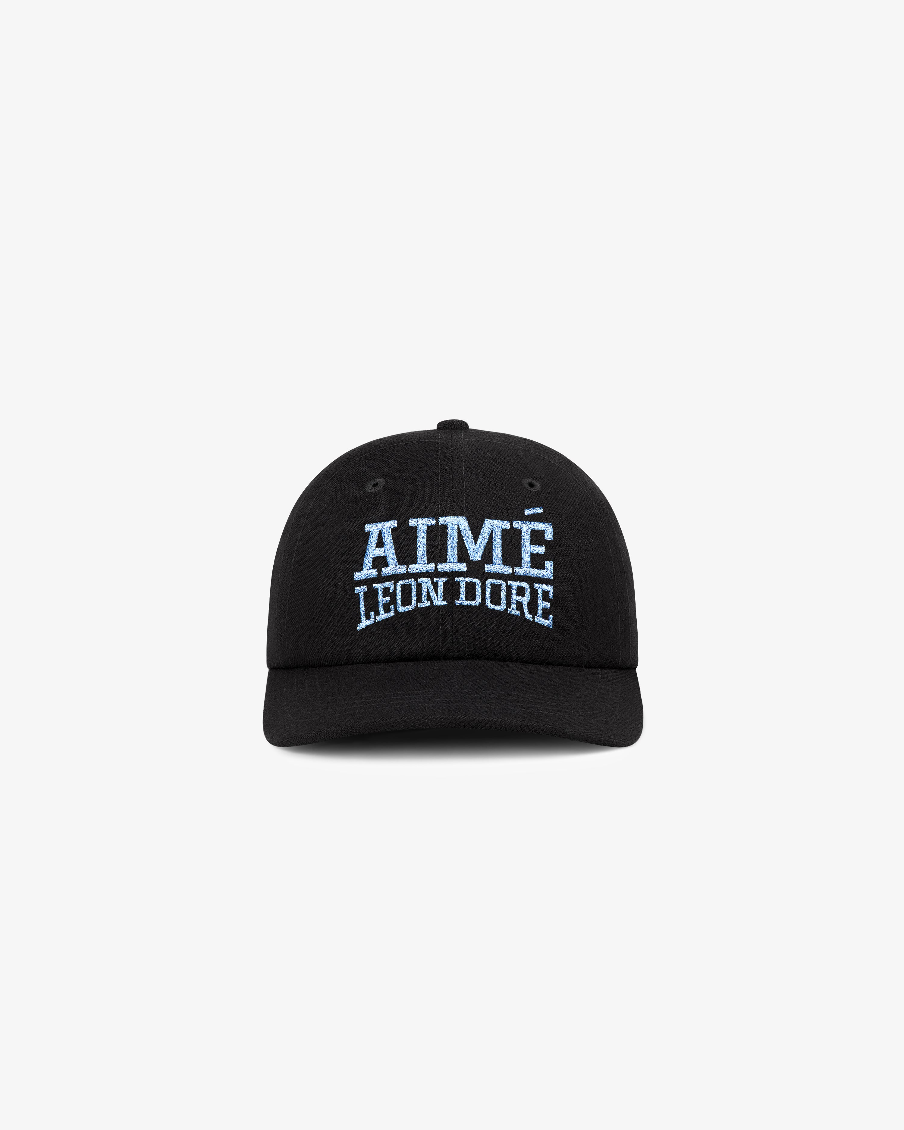 Black Aimé Campus Hat featuring light blue AIMÉ LEON DORE embroidery on the front.