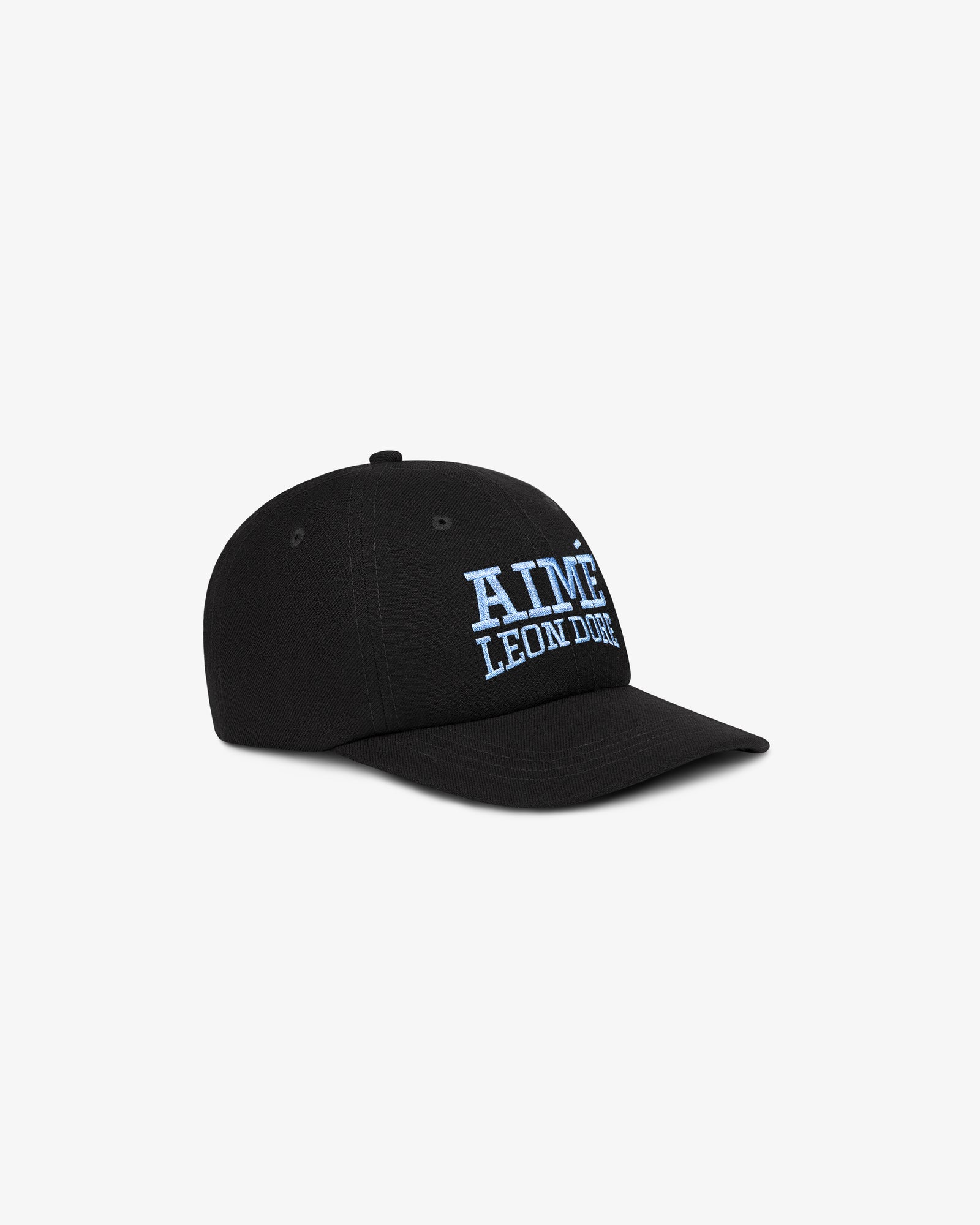 Aimé Campus Hat: black cap with Aimé Leon Dore logo in light blue, pictured against a white background.