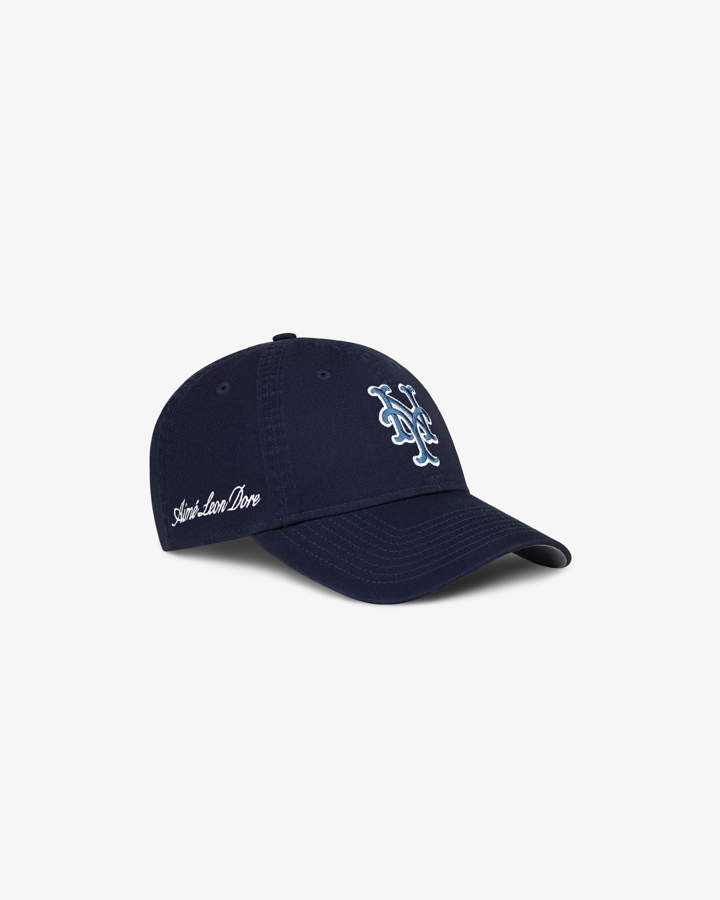 Navy ALD / New Era Mets Ballpark Hat with interlocking NY logo and Aimé Leon Dore embroidery on the side.