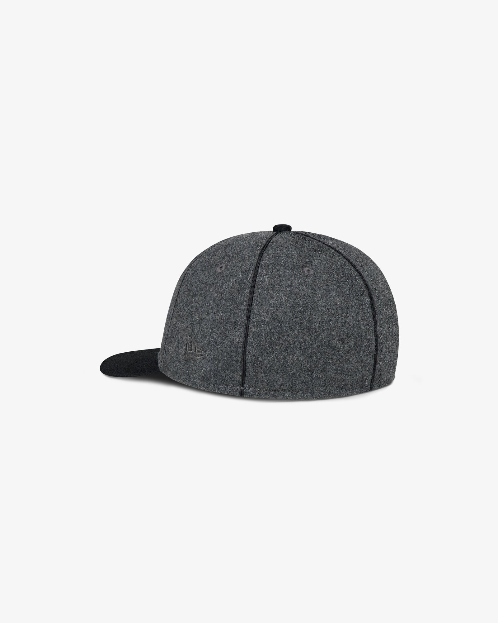 ALD / New Era Mets Melton Wool Fitted Hat shown back left, gray with black brim, on a white background.