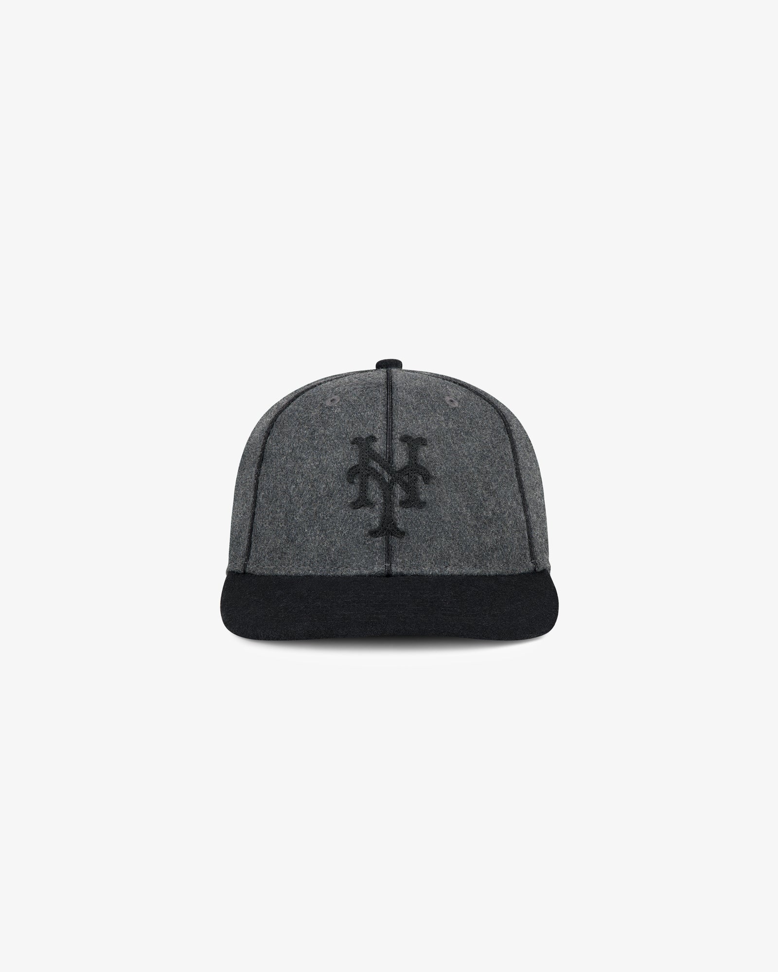 ALD / New Era Mets Melton Wool Fitted Hat in gray and black with dark NY logo, shown on a plain white background.