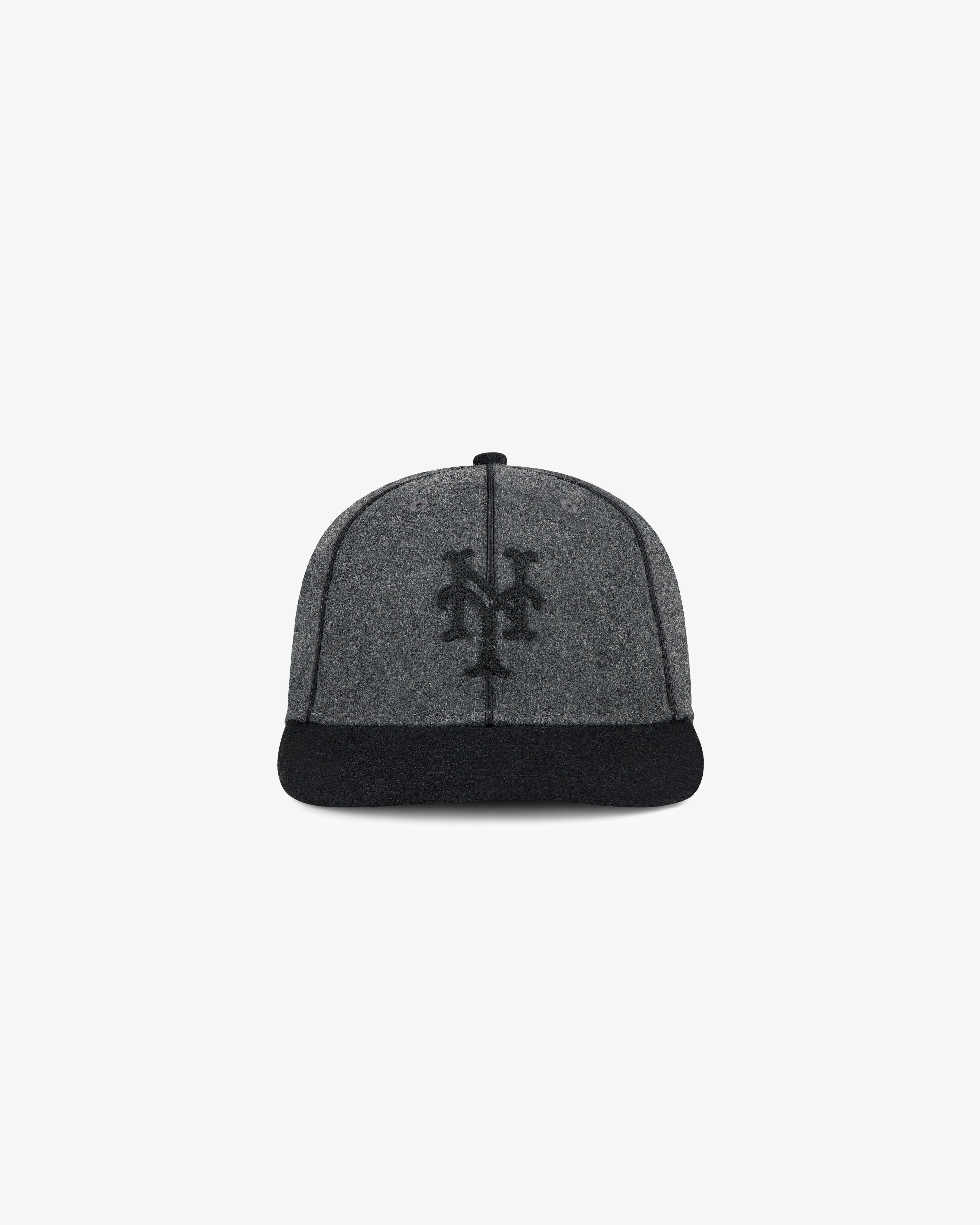 ALD / New Era Mets Melton Wool Fitted Hat in gray and black with dark NY logo, shown on a plain white background.