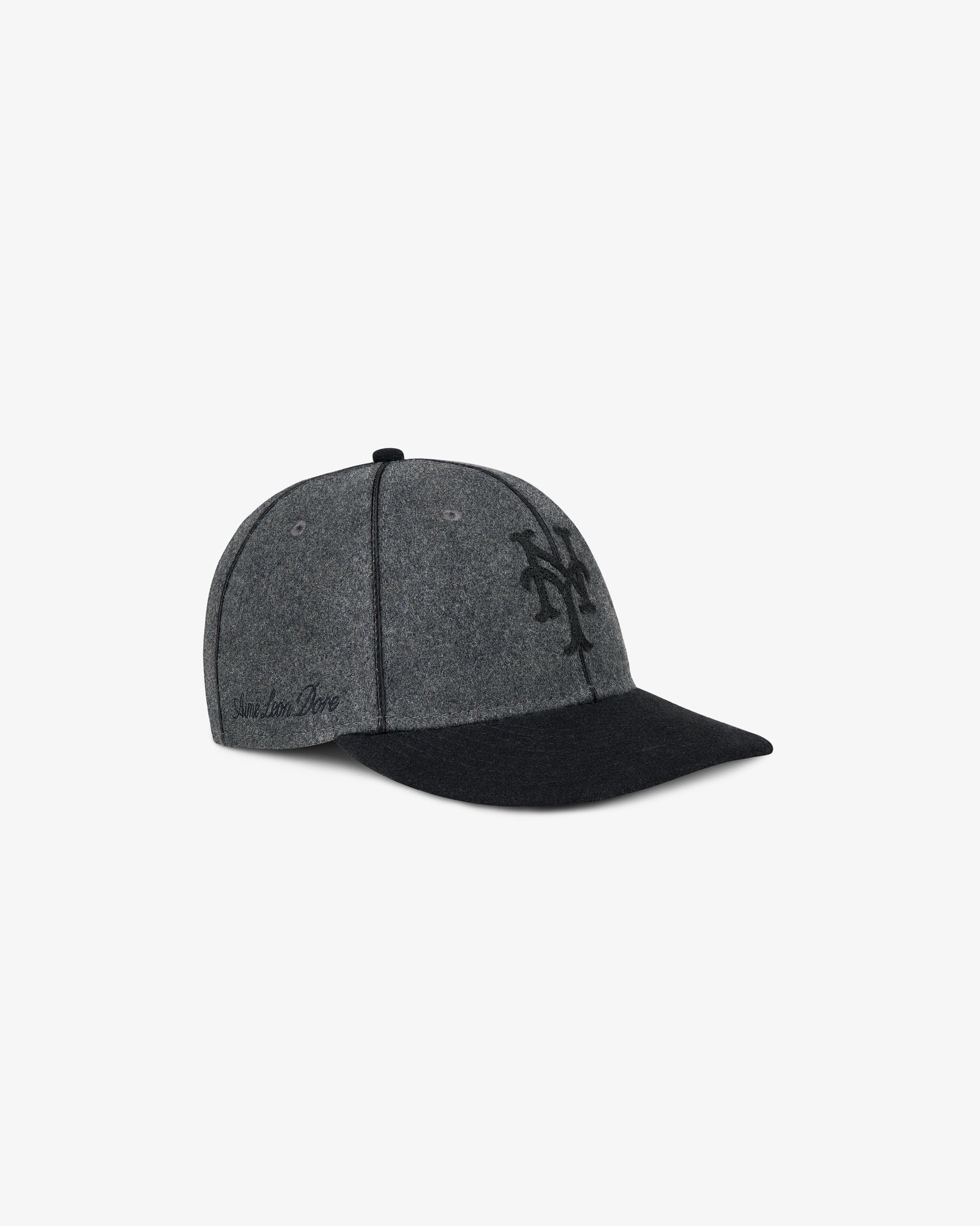ALD / New Era Mets Melton Wool Fitted Hat in gray/black with front embroidery and side text, on white background.
